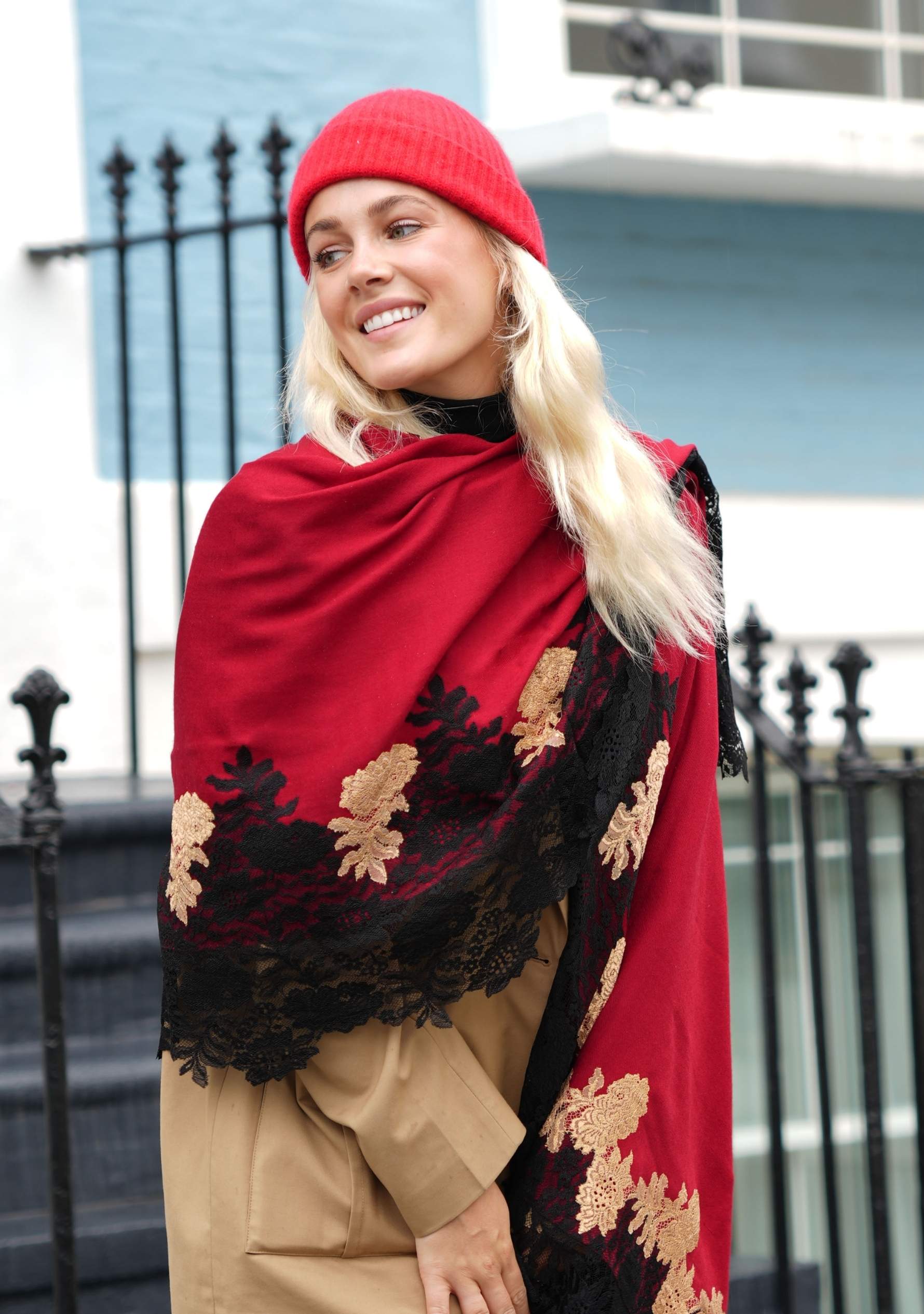 Maroon wool and silk scarf with black and dark gold double color lace