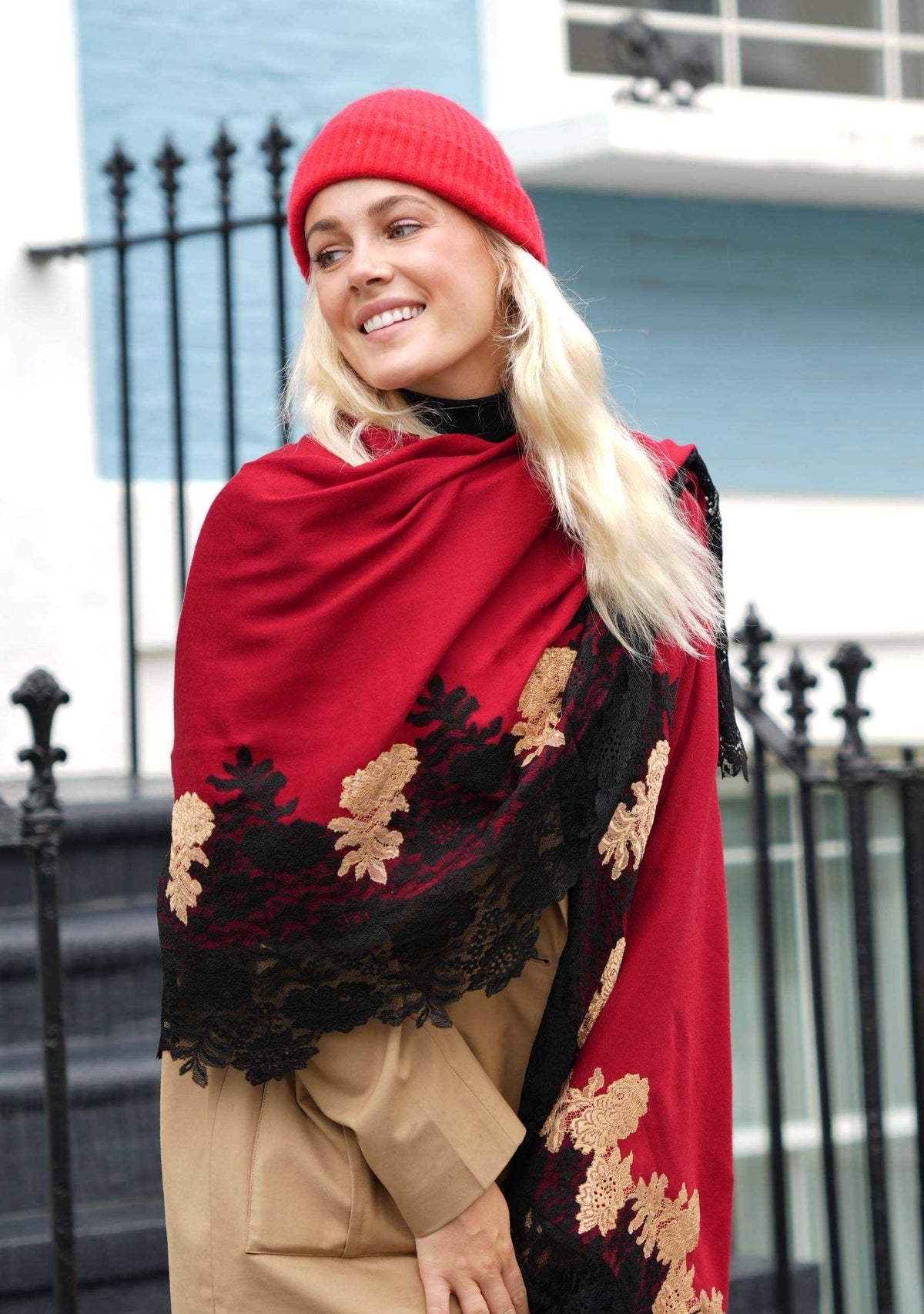 Maroon wool and silk scarf with black and dark gold double color lace