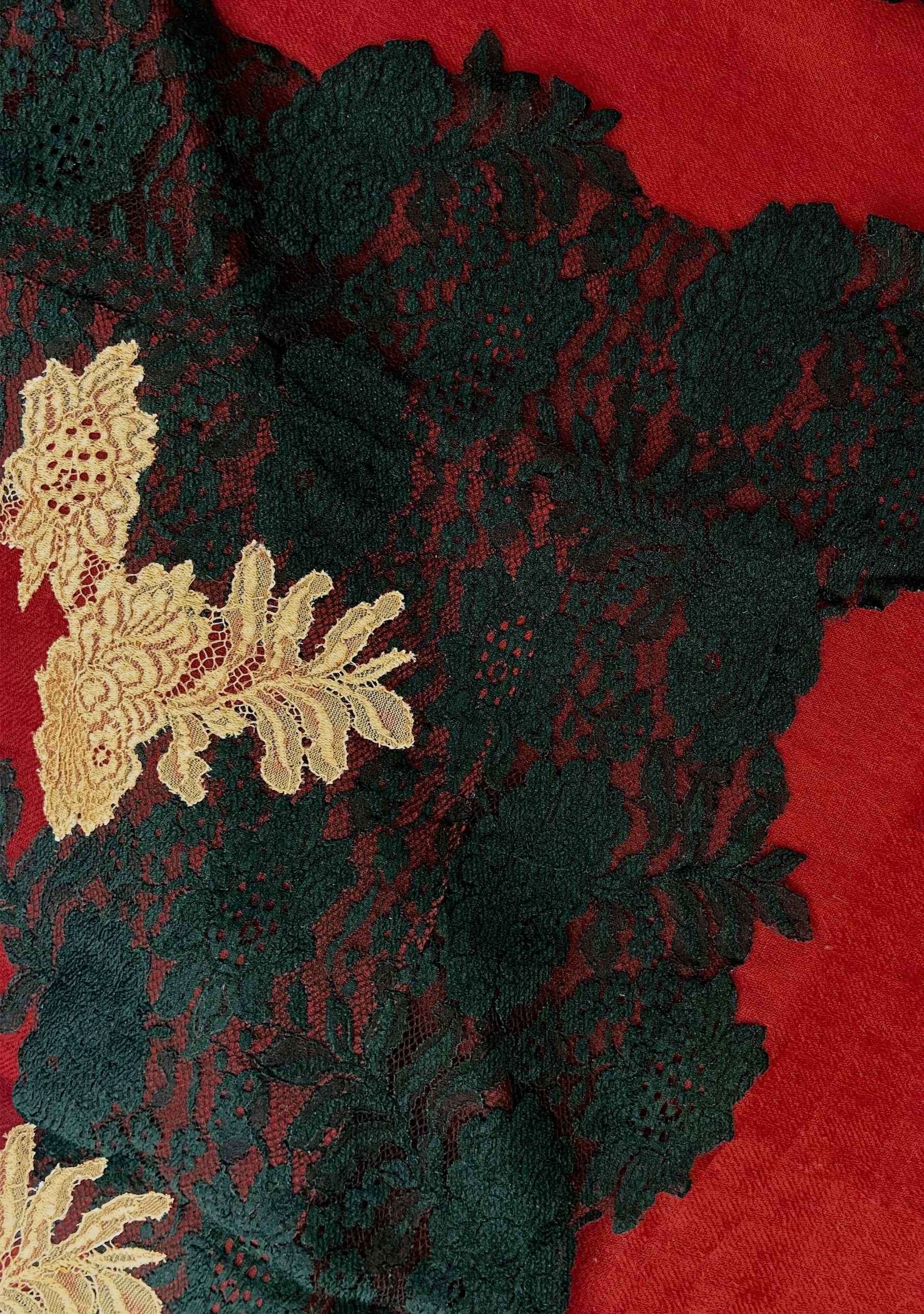 Maroon wool and silk scarf with black and dark gold double color lace