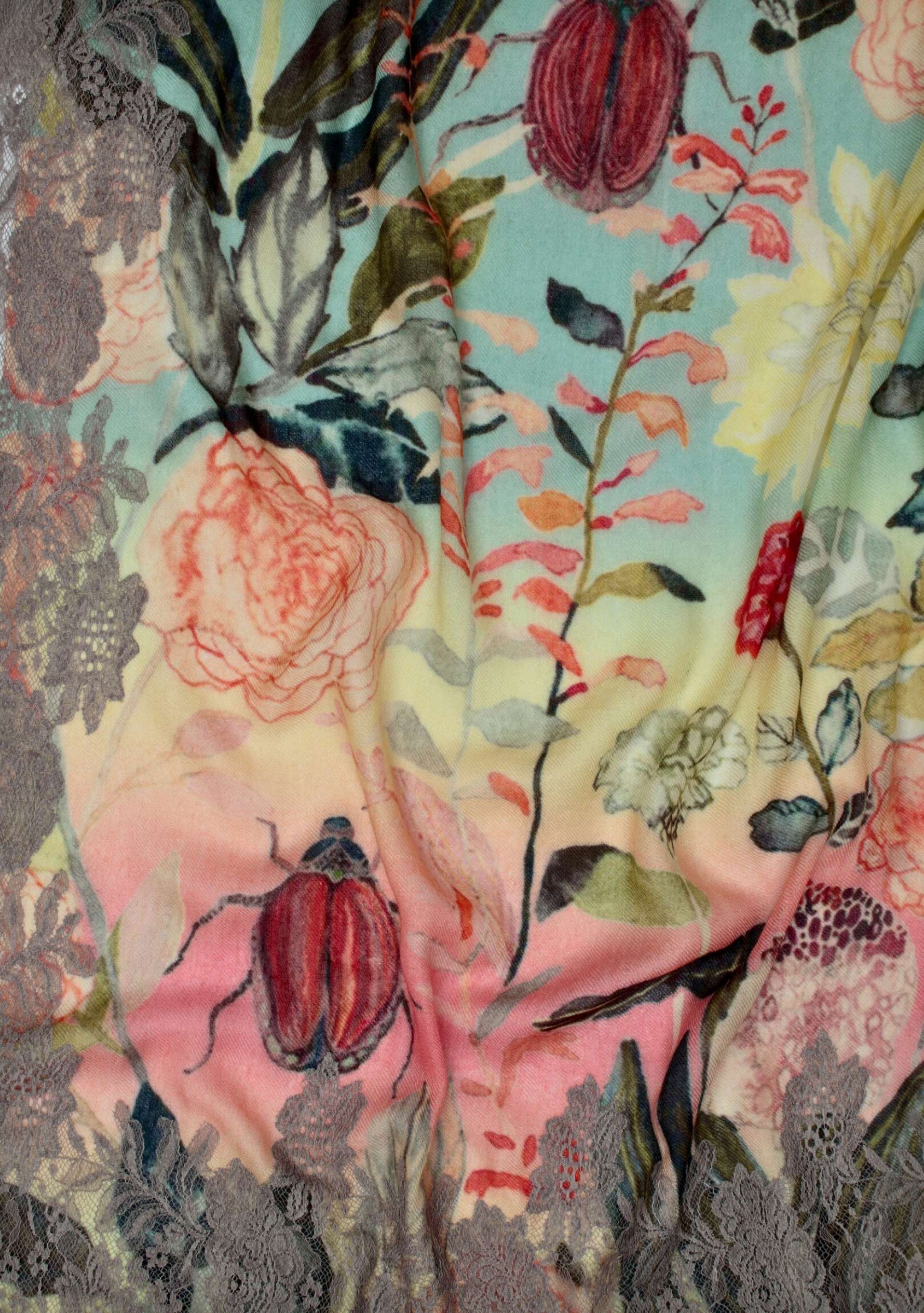 Multi print wool and silk scarf with mousse lace