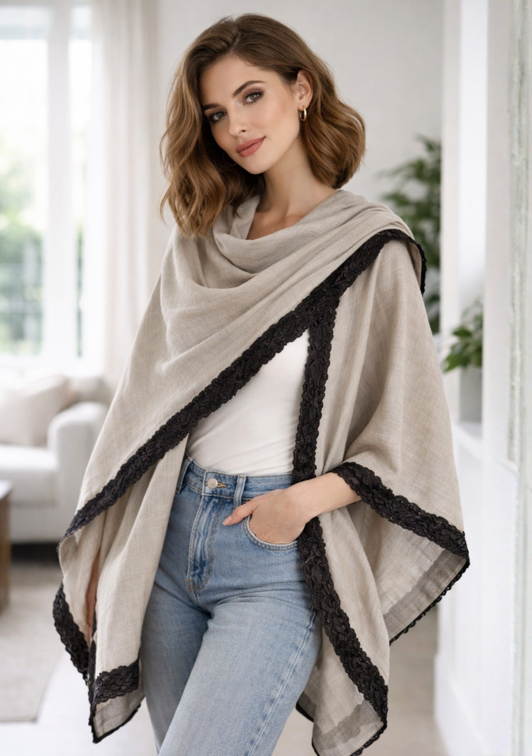 Natural melange wool and silk wrap with black embroidery