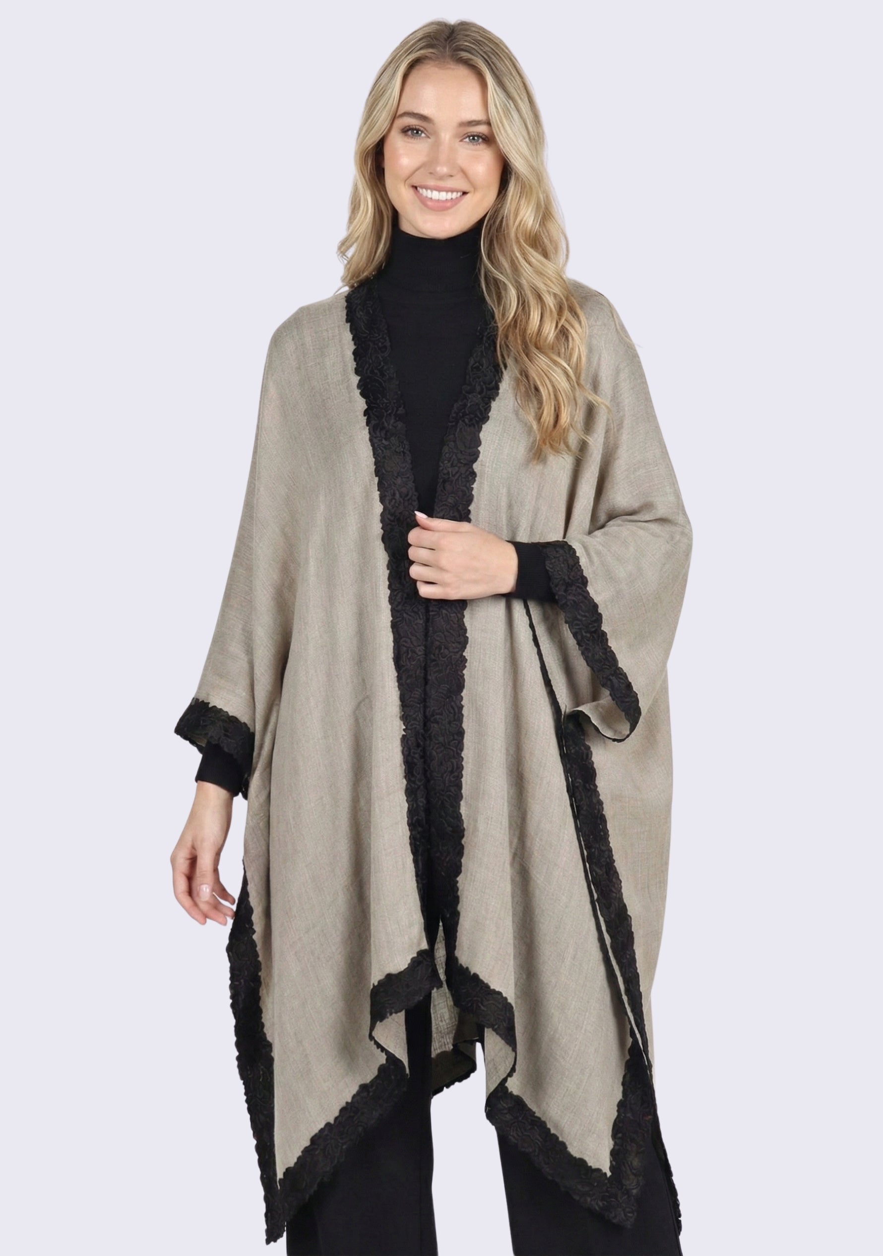 Natural melange wool and silk wrap with black embroidery
