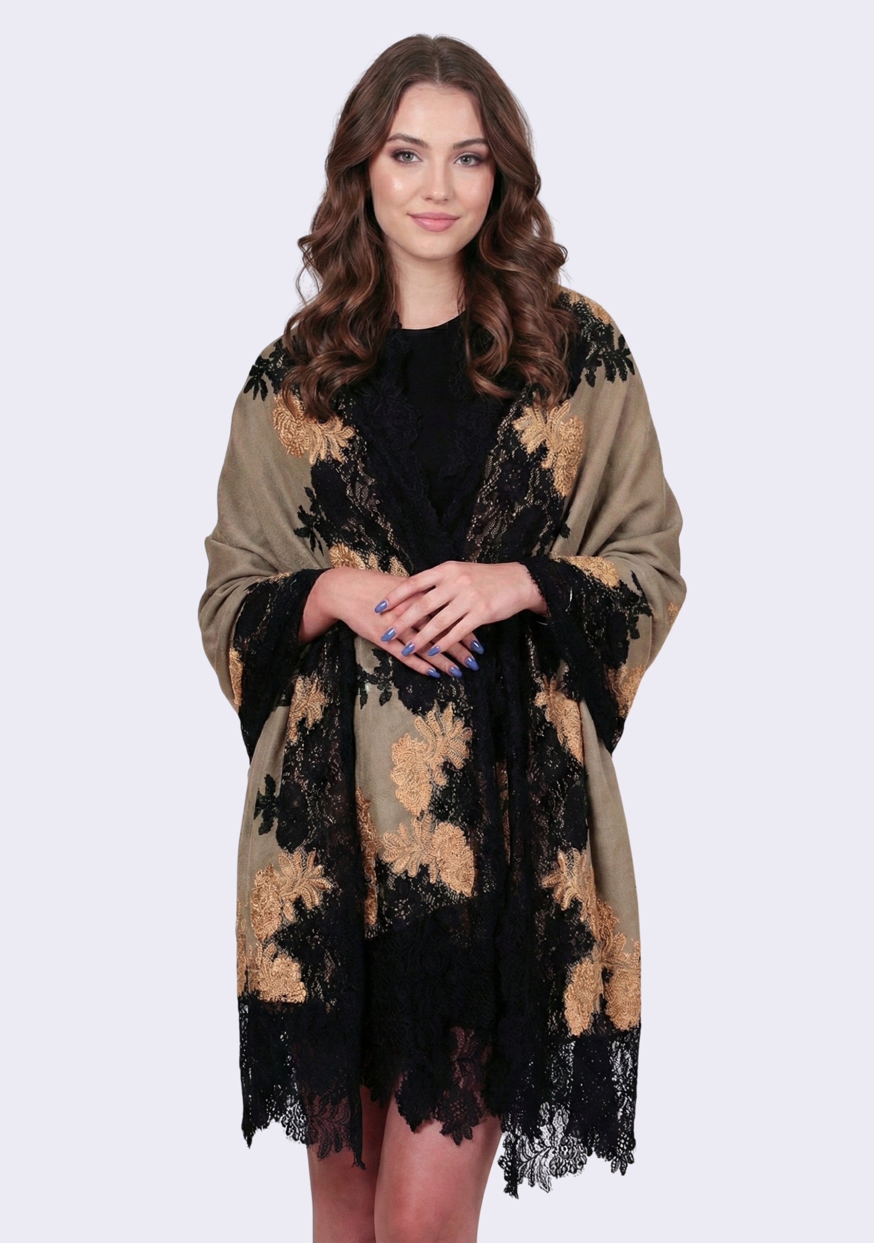 Natural wool and silk scarf with black and dark gold double color lace