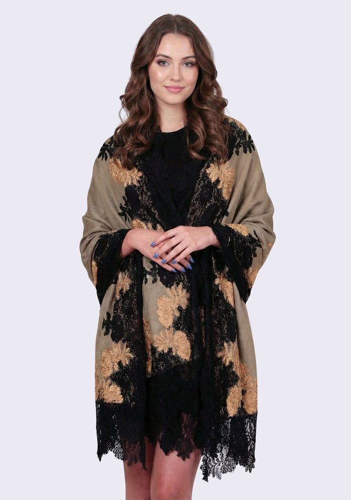 Natural wool and silk scarf with black and dark gold double color lace