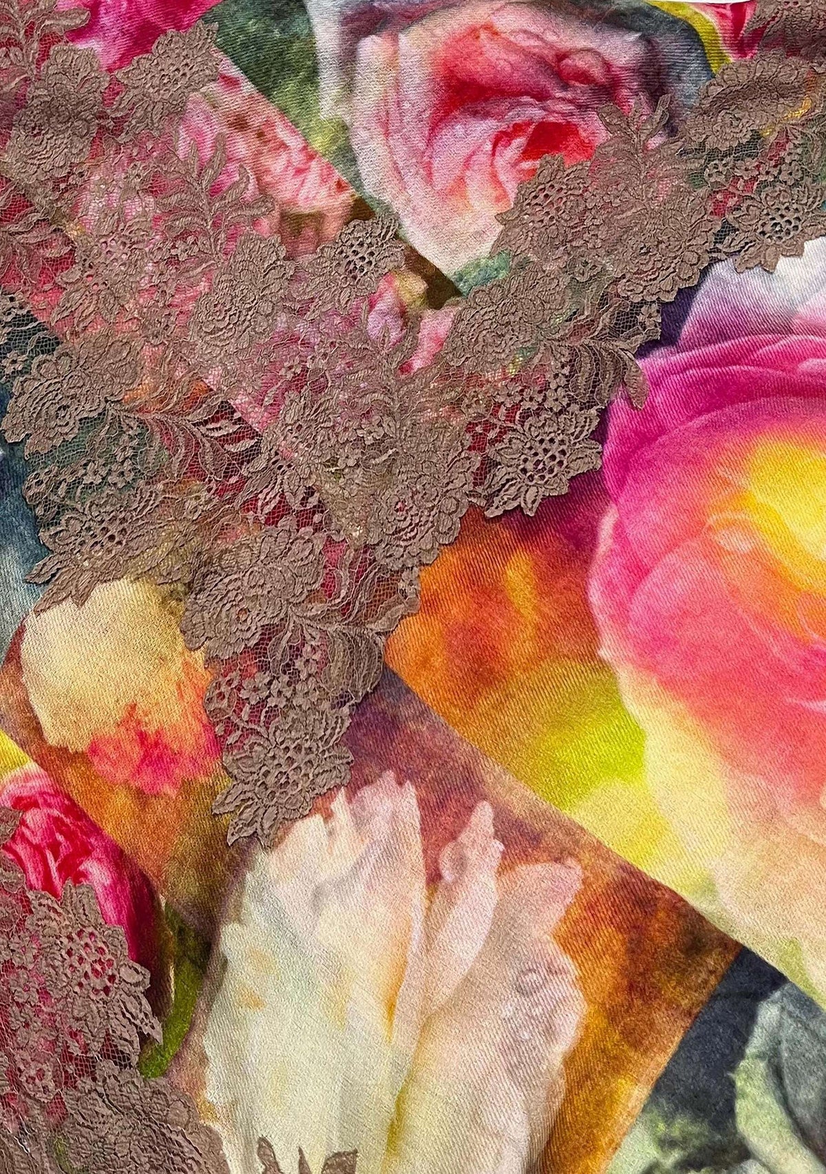 Maneesha Ruia roses print wool and silk scarf with sienna floral lace border in soft pink and cream designer wrap