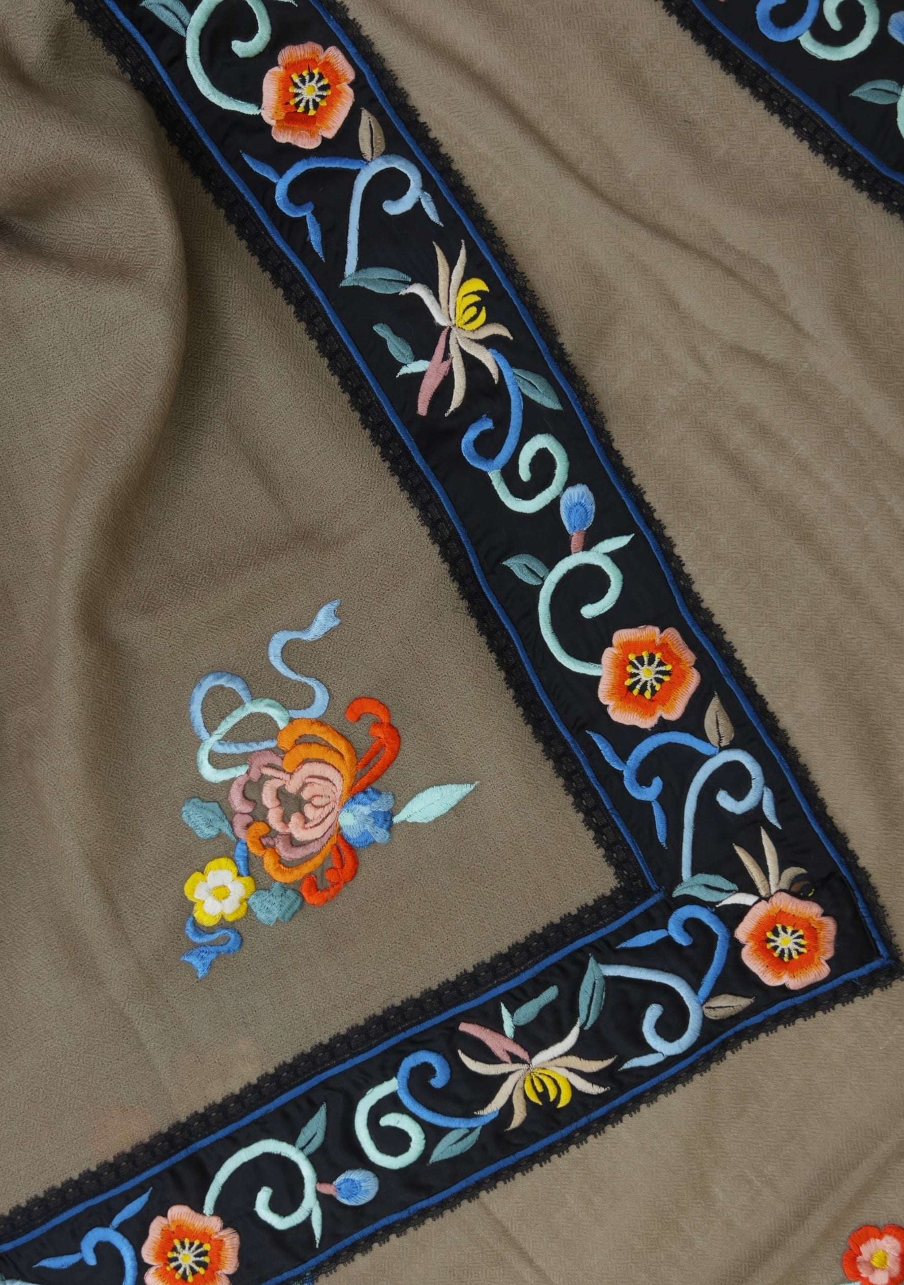 Taupe cashmere scarf with black multi-colored embroidery and black lace