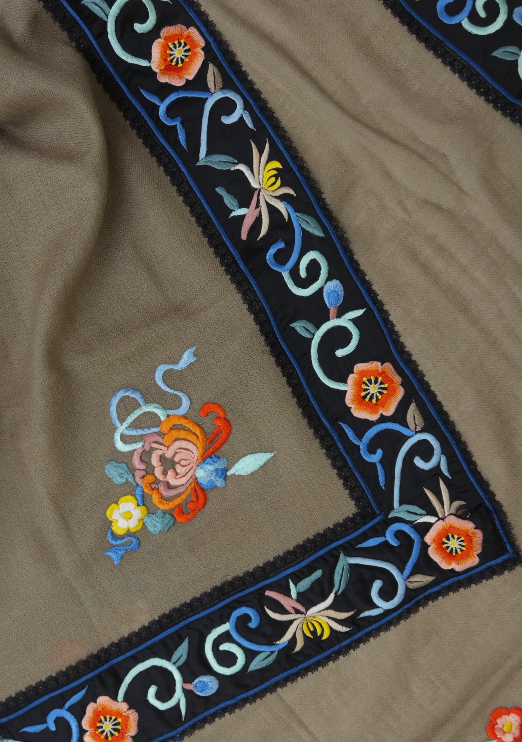 Taupe cashmere scarf with black multi-colored embroidery and black lace