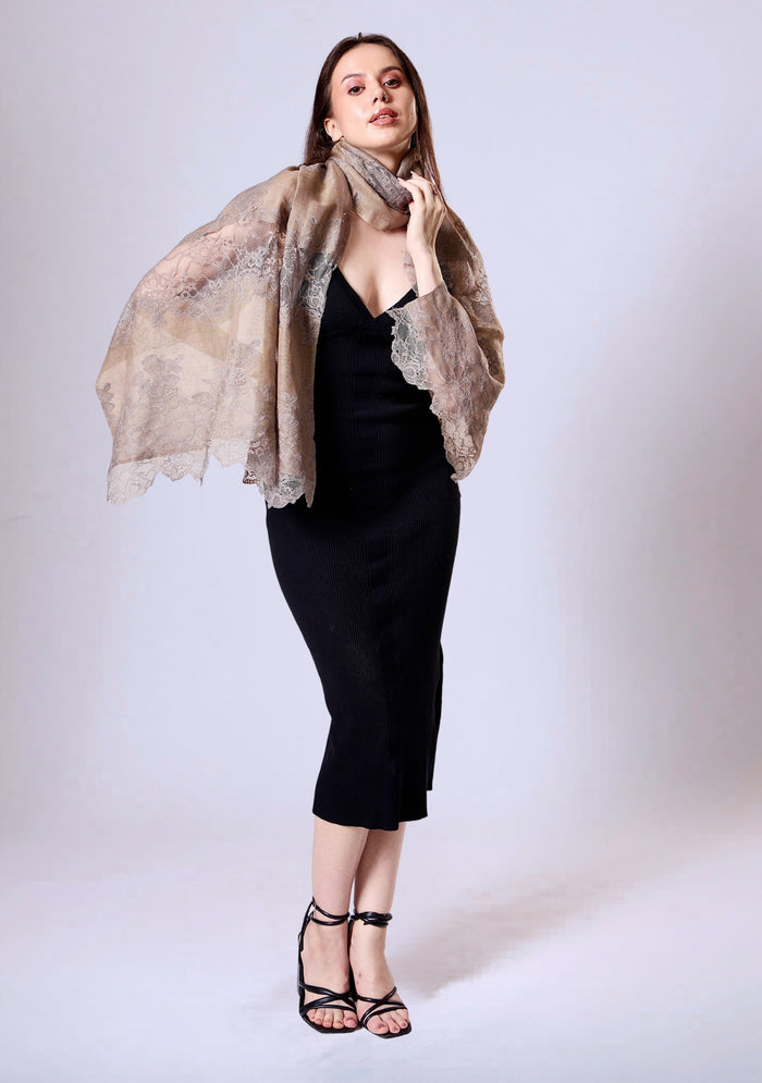 Woman wearing a Maneesha Ruia Taupe Linen & Modal Scarf with Mousse Lace Panels