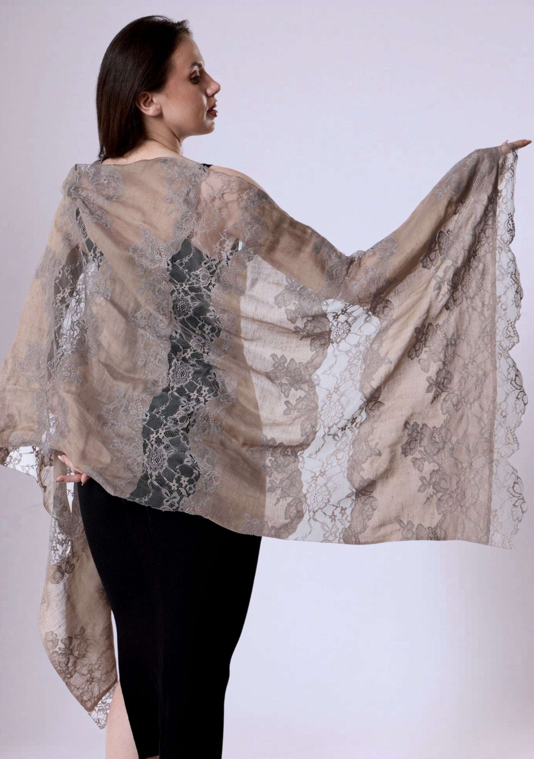 Woman wearing a Maneesha Ruia Taupe Linen & Modal Scarf with Mousse Lace Panels