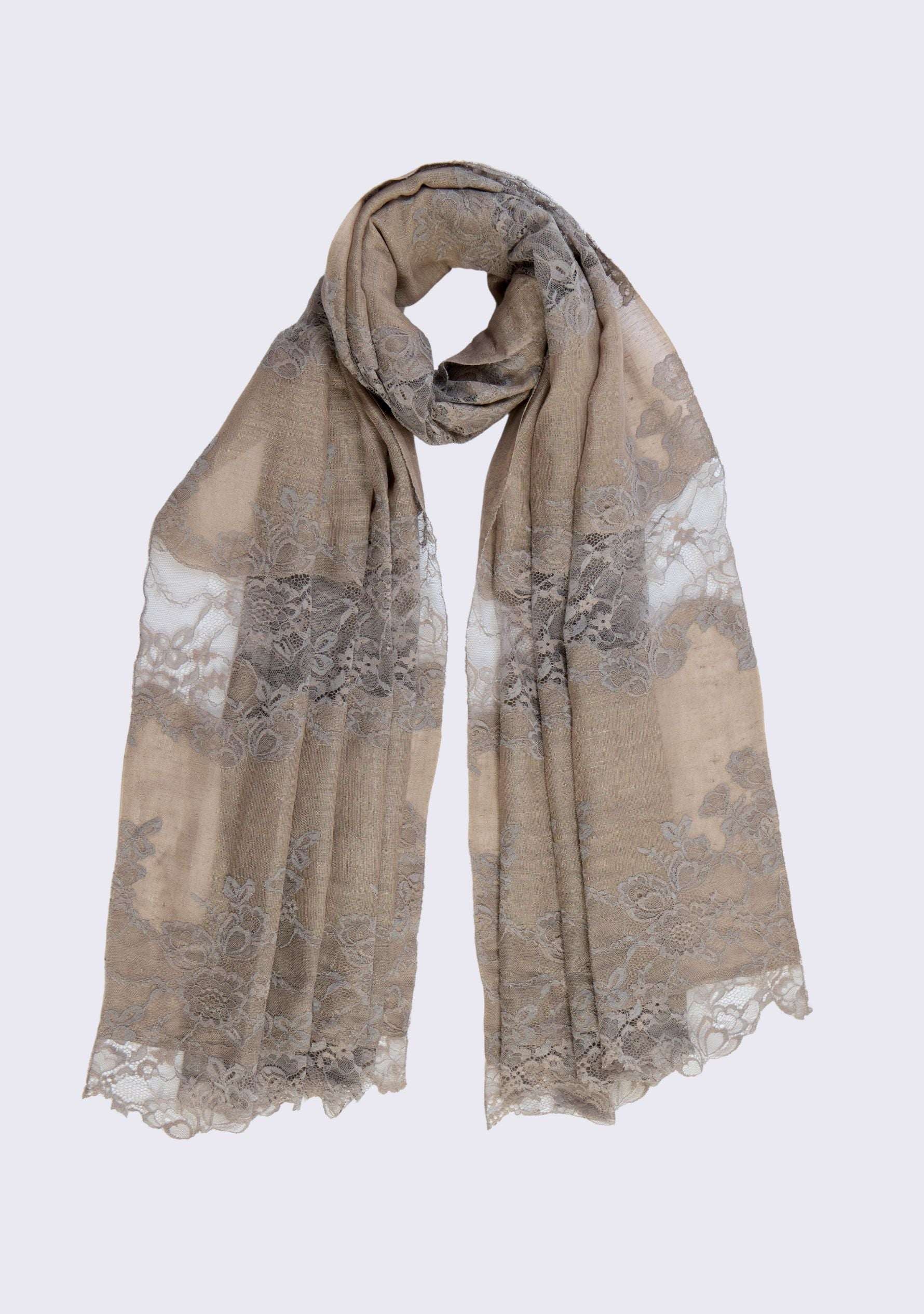 Maneesha Ruia Taupe Linen & Modal Scarf with Mousse Lace Panels