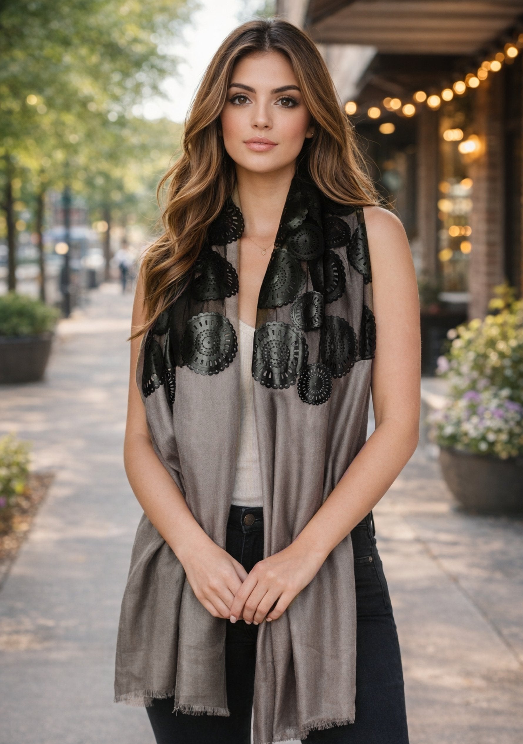 Taupe modal scarf with black faux leather applique