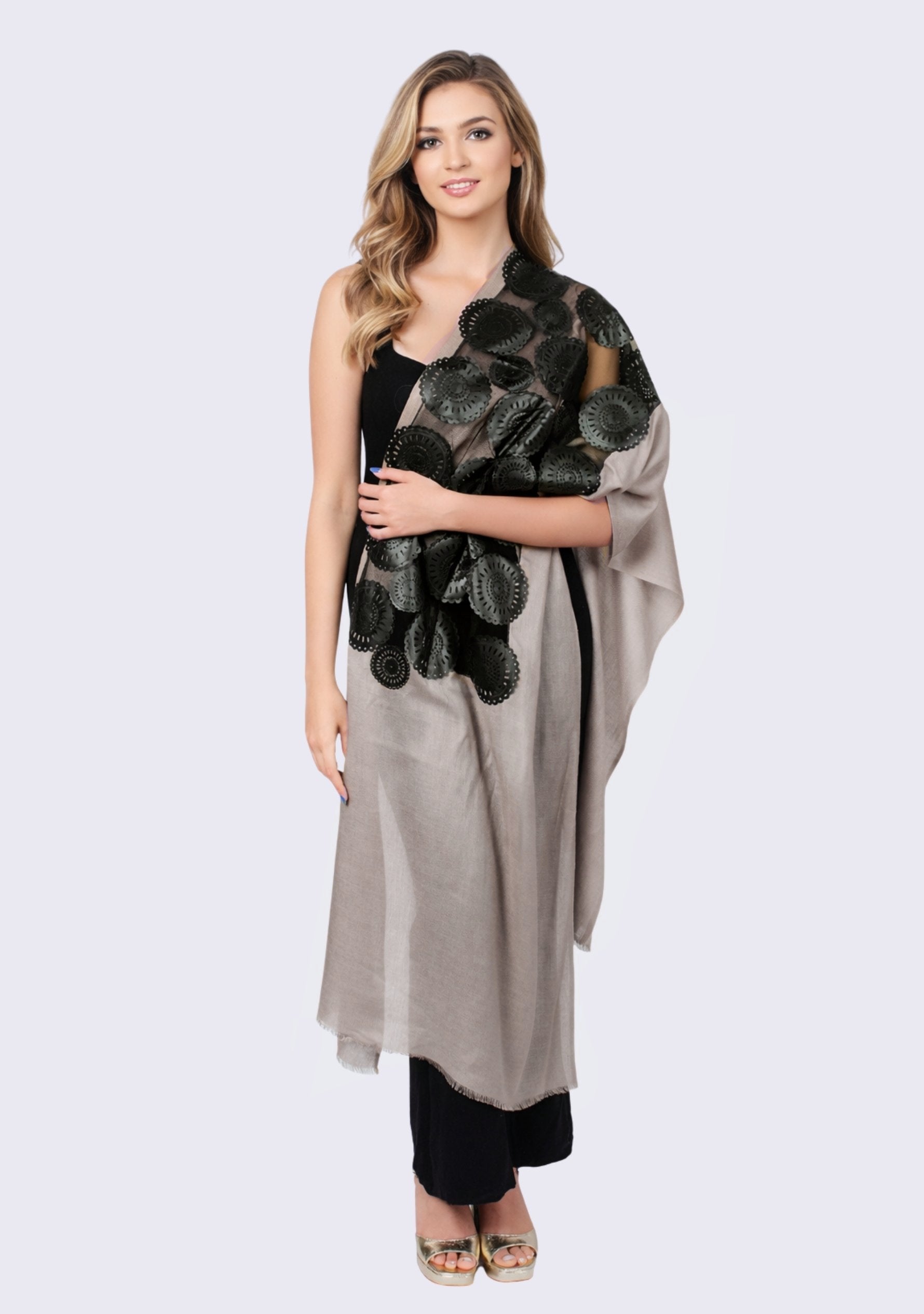 Taupe modal scarf with black faux leather applique