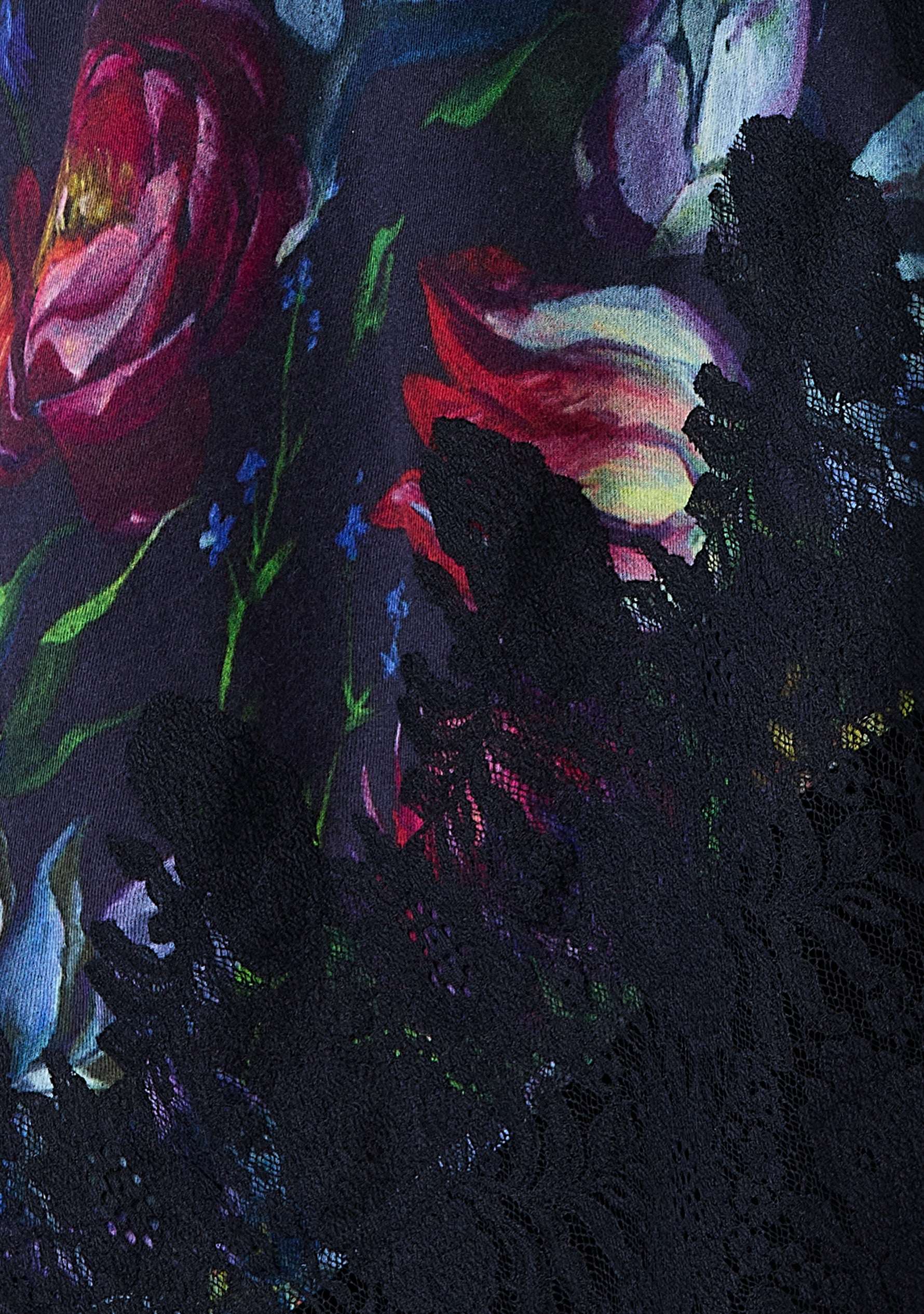 Tulip print wool and silk scarf with black lace