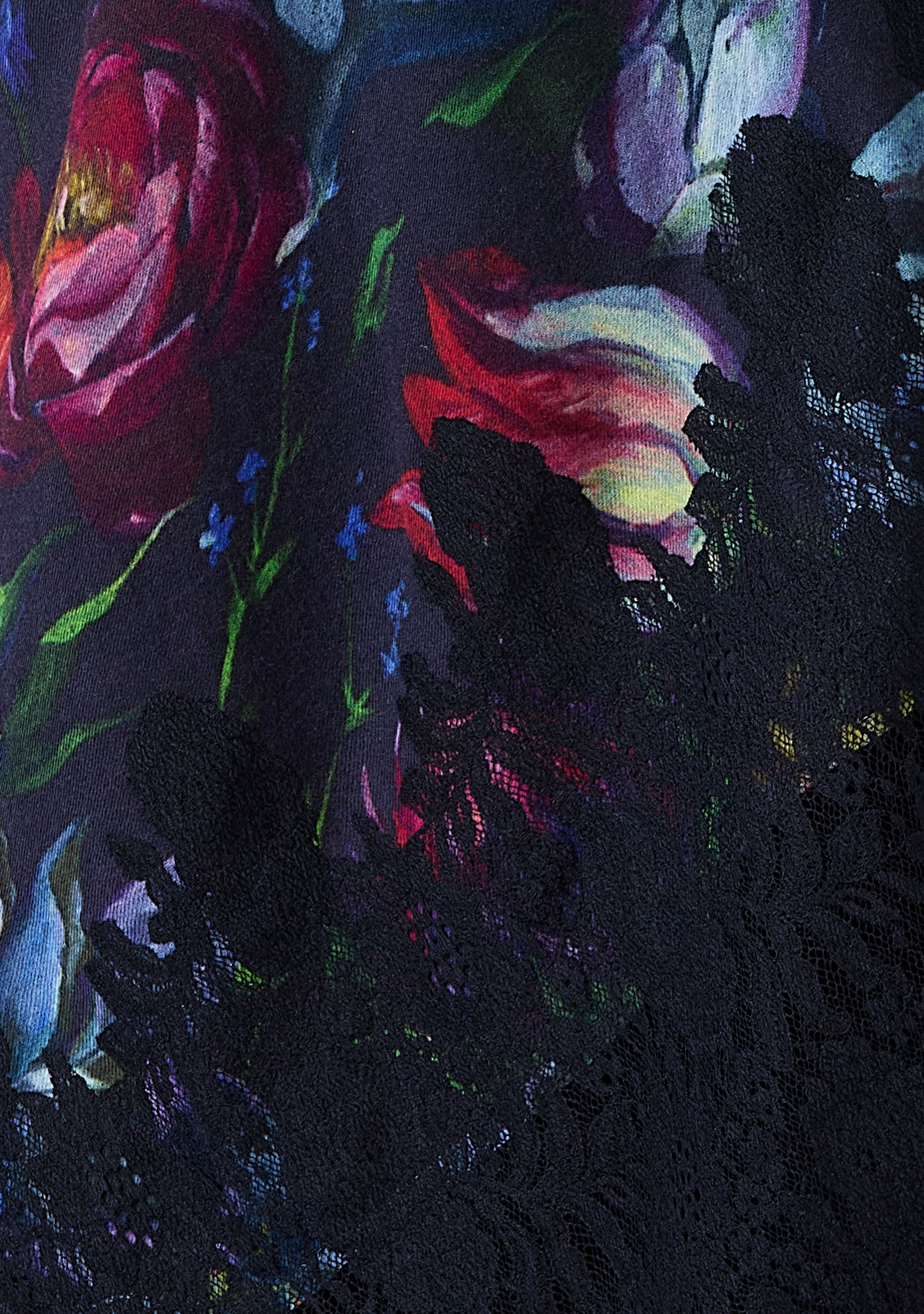 Tulip print wool and silk scarf with black lace