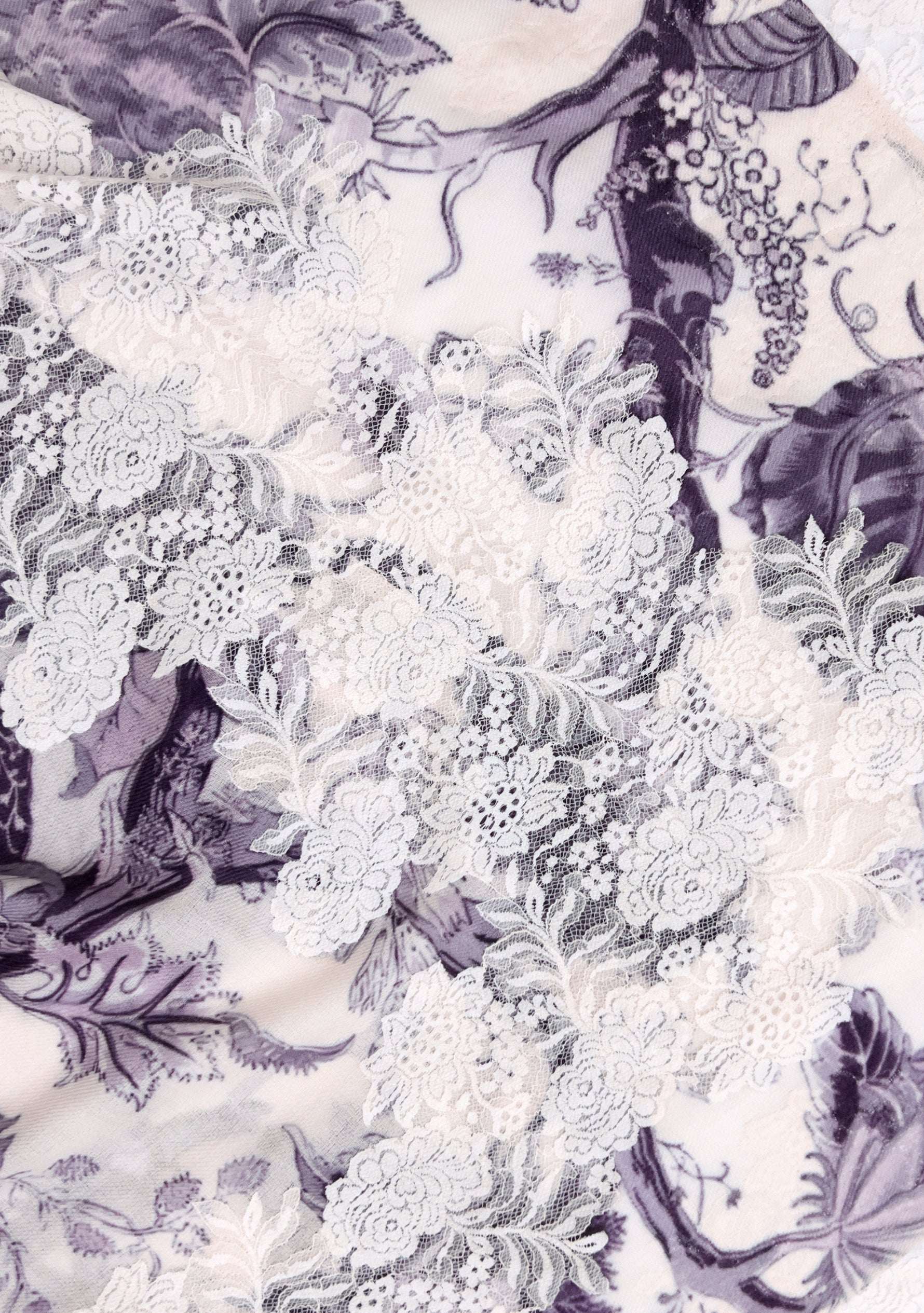 Violet Jacobean print wool and silk scarf with ivory lace