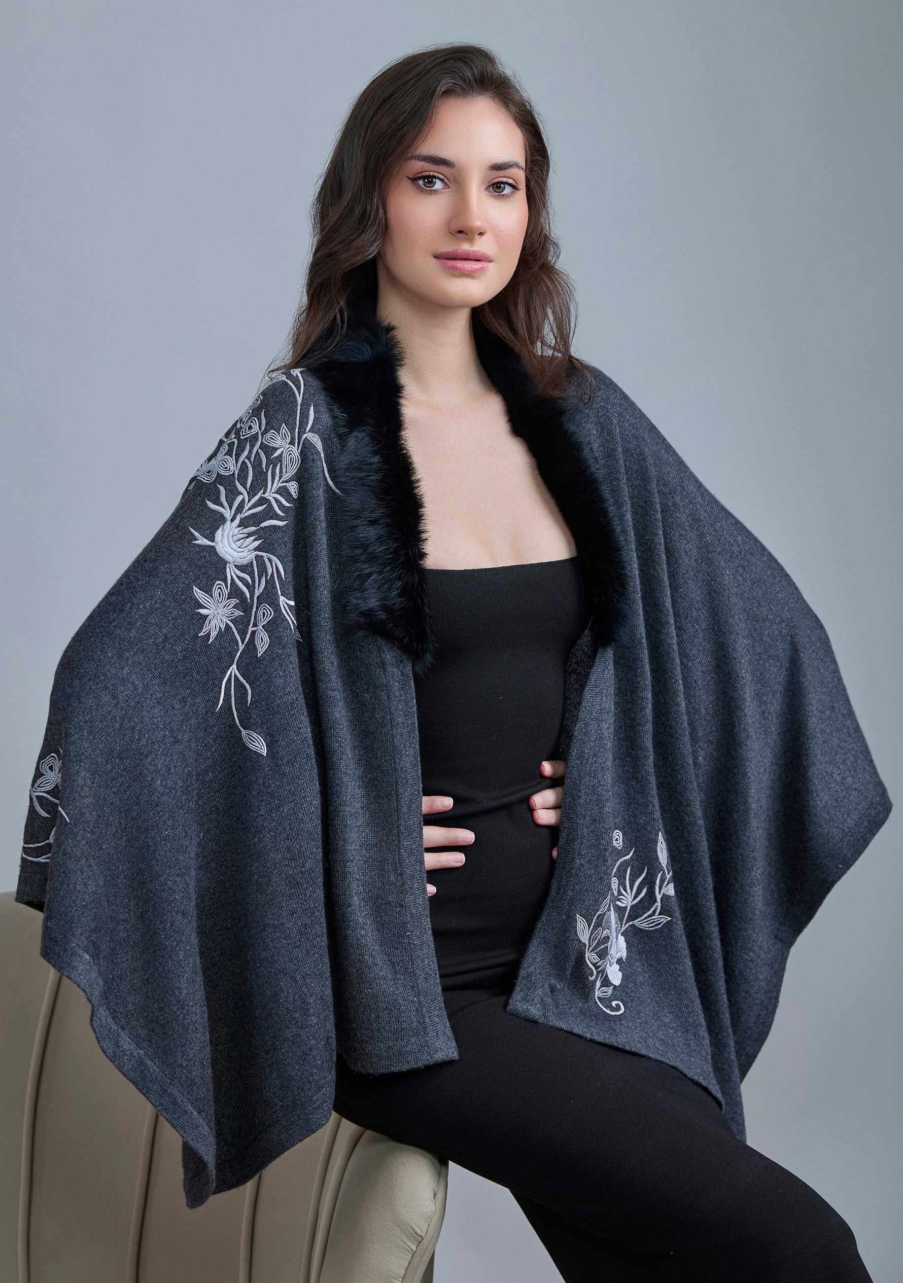 Charcoal Melange Wool Cape Lt. Gray Embroidery & Black Faux Fur