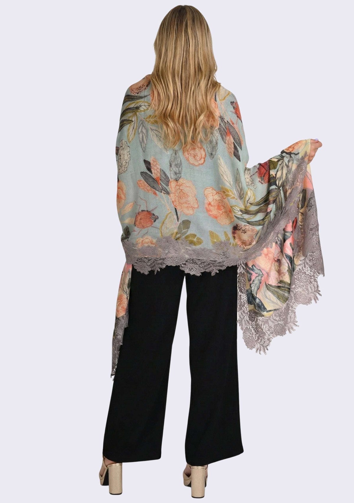 Multi print wool and silk scarf with mousse lace