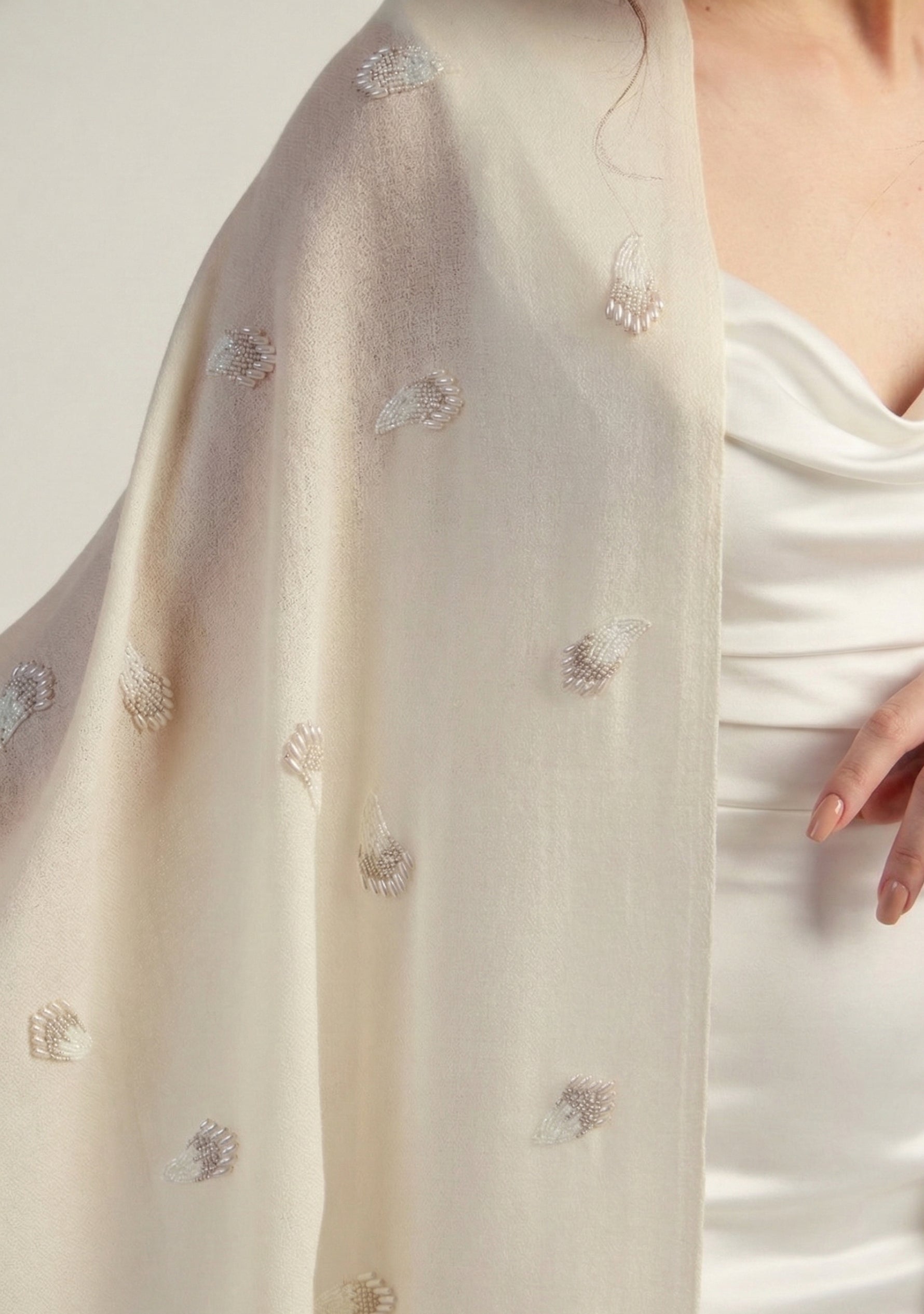 Maneesha Ruia ivory cashmere bridal scarf with white bead embellishments, luxury wedding scarf for brides