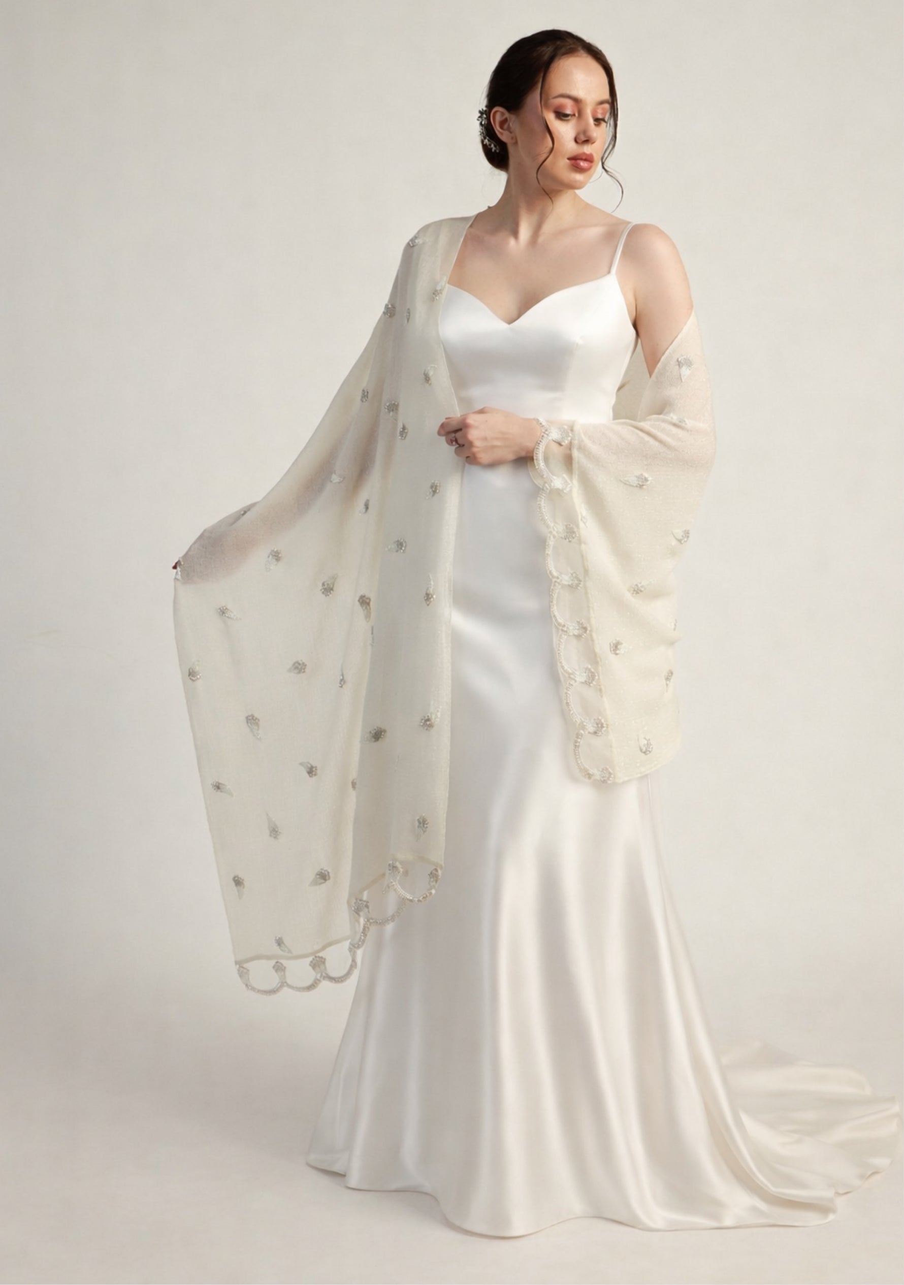 Maneesha Ruia ivory cashmere bridal scarf with white bead embellishments, luxury wedding scarf for brides