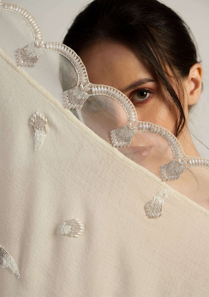 Maneesha Ruia ivory cashmere bridal scarf with white bead embellishments, luxury wedding scarf for brides