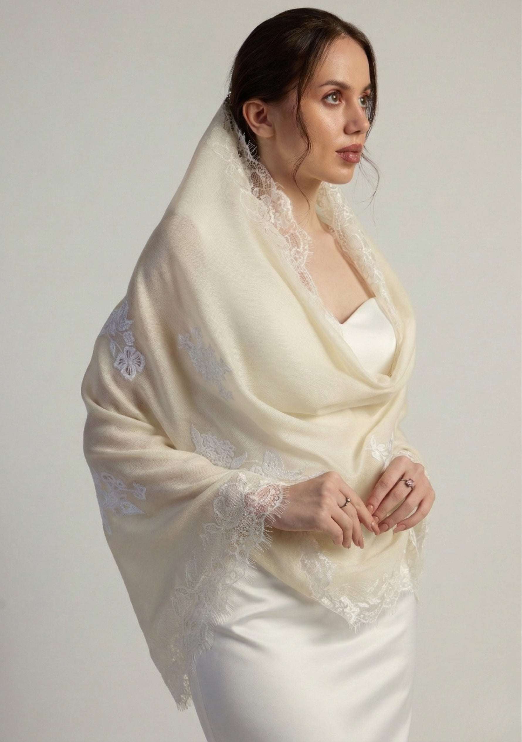Maneesha Ruia ivory cashmere bridal scarf with white floral embroidery and filigree lace, luxury wedding scarf