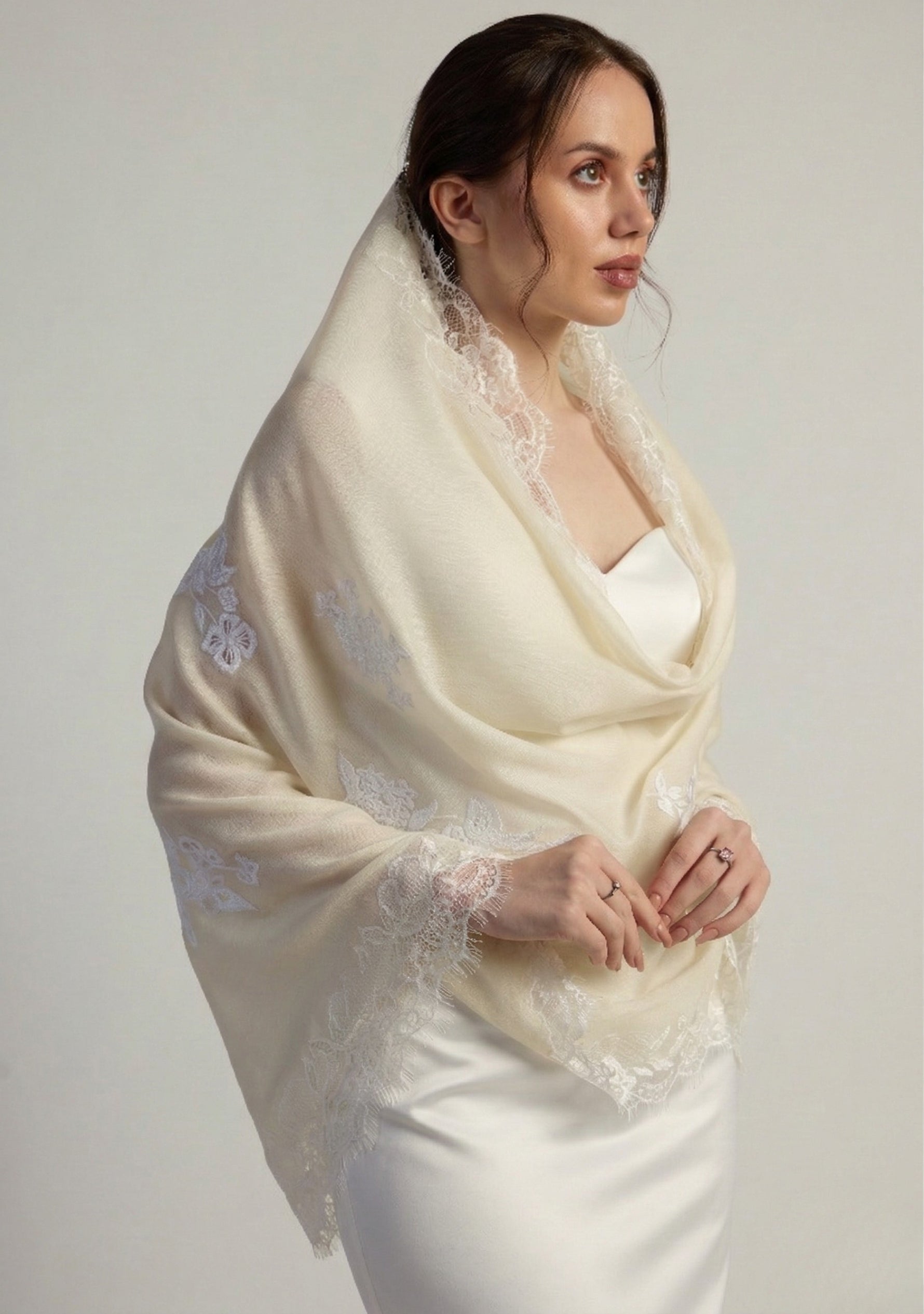 Maneesha Ruia ivory cashmere bridal scarf with white floral embroidery and filigree lace, luxury wedding scarf
