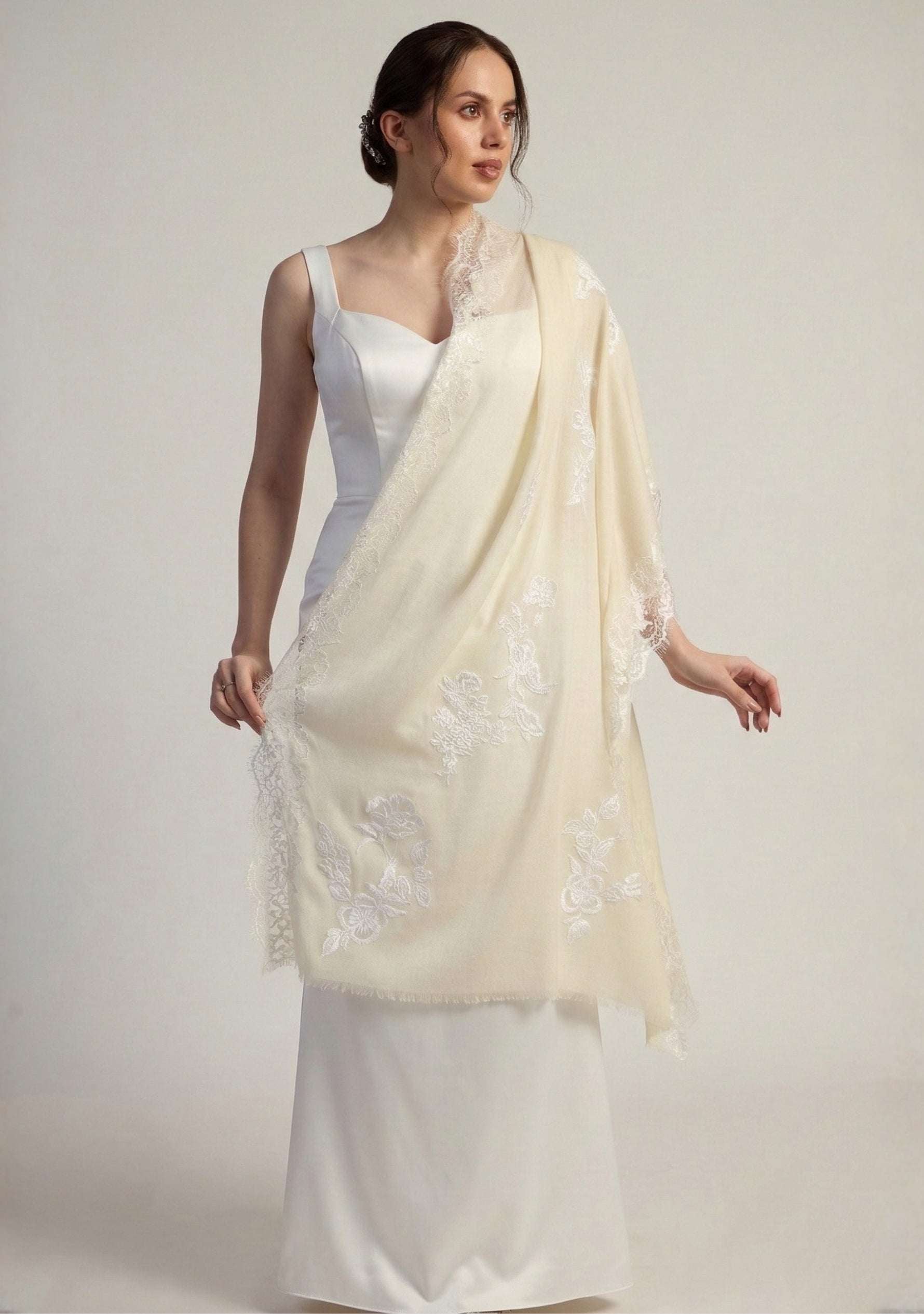 Maneesha Ruia ivory cashmere bridal scarf with white floral embroidery and filigree lace, luxury wedding scarf