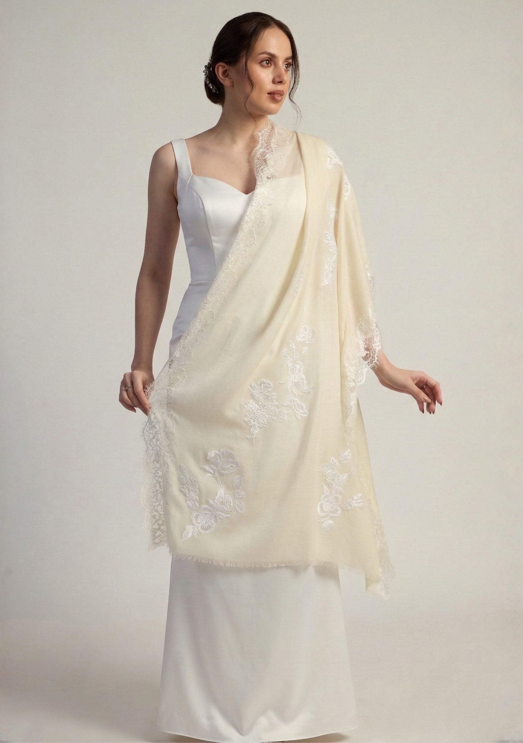Maneesha Ruia ivory cashmere bridal scarf with white floral embroidery and filigree lace, luxury wedding scarf