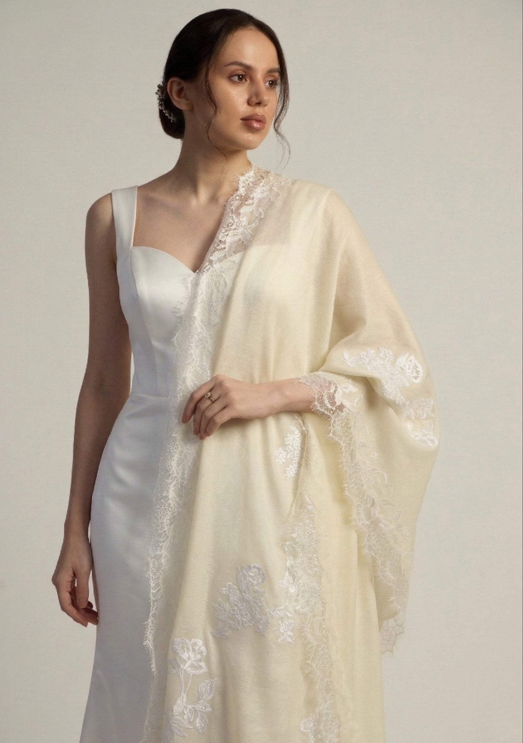 Maneesha Ruia ivory cashmere bridal scarf with white floral embroidery and filigree lace, luxury wedding scarf
