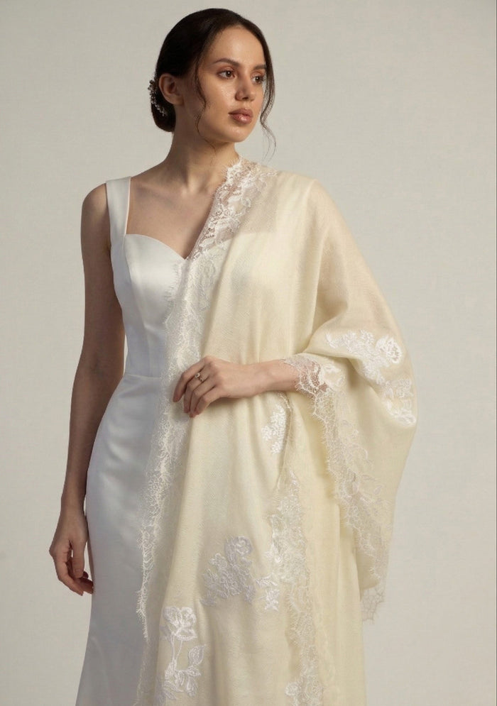 Maneesha Ruia ivory cashmere bridal scarf with white floral embroidery and filigree lace, luxury wedding scarf