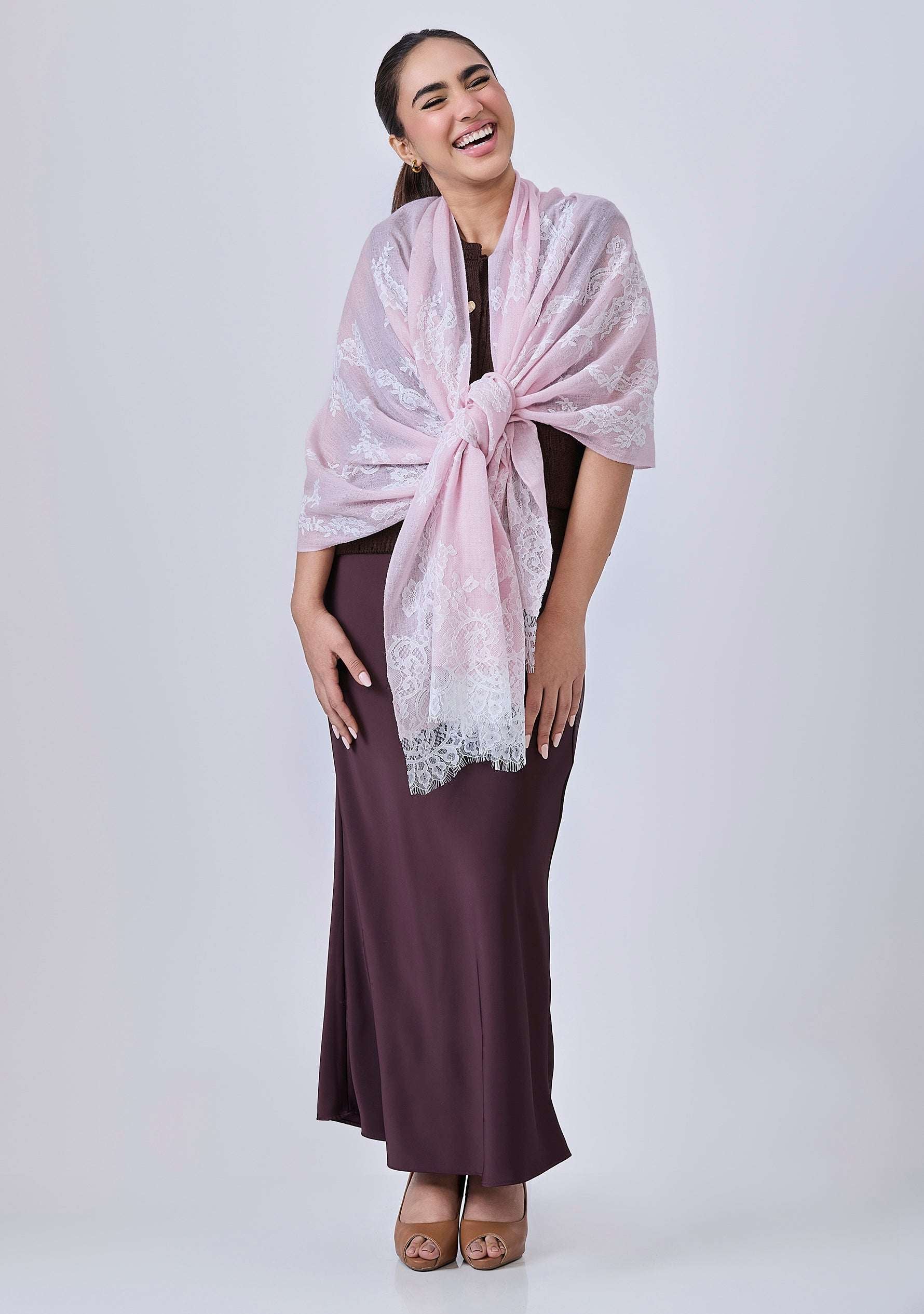 Maneesha Ruia Baby Pink Cashmere Scarf — delicate white filigree lace on luxuriously soft cashmere