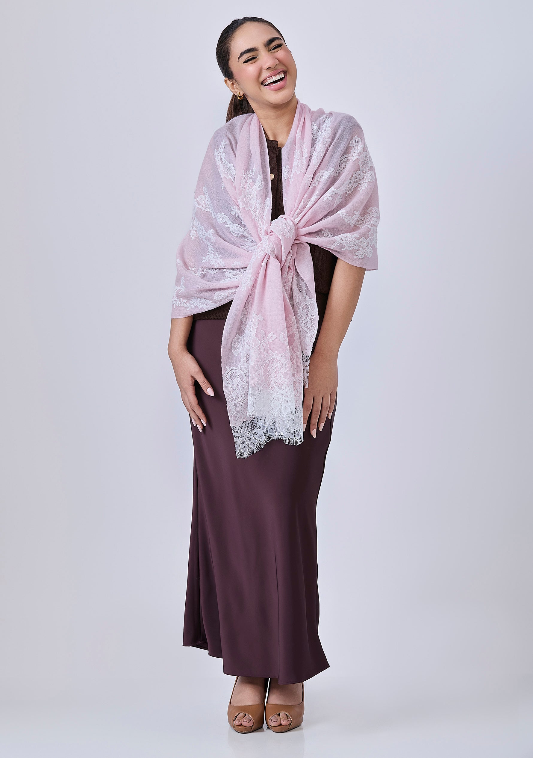 Maneesha Ruia Baby Pink Cashmere Scarf — delicate white filigree lace on luxuriously soft cashmere