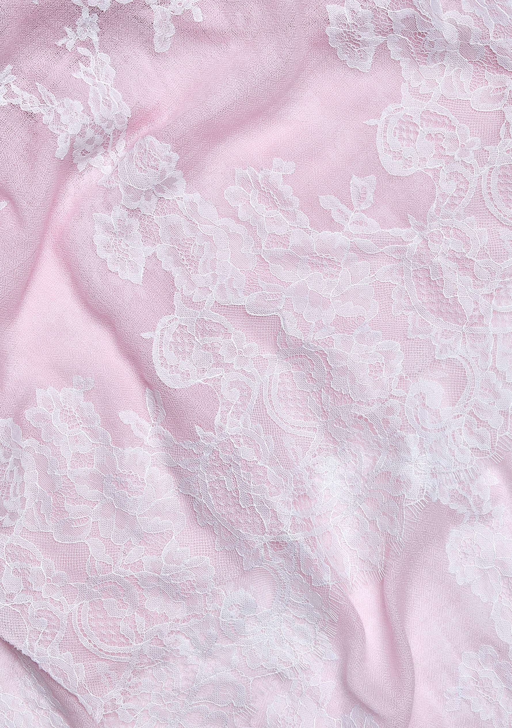 Maneesha Ruia Baby Pink Cashmere Scarf — delicate white filigree lace on luxuriously soft cashmere