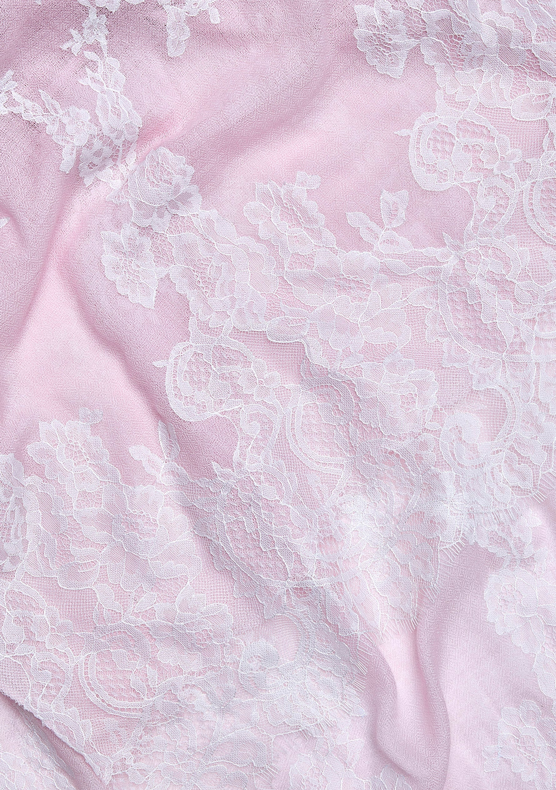 Maneesha Ruia Baby Pink Cashmere Scarf — delicate white filigree lace on luxuriously soft cashmere