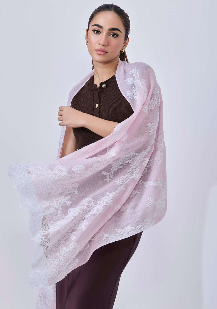 Maneesha Ruia Baby Pink Cashmere Scarf — delicate white filigree lace on luxuriously soft cashmere