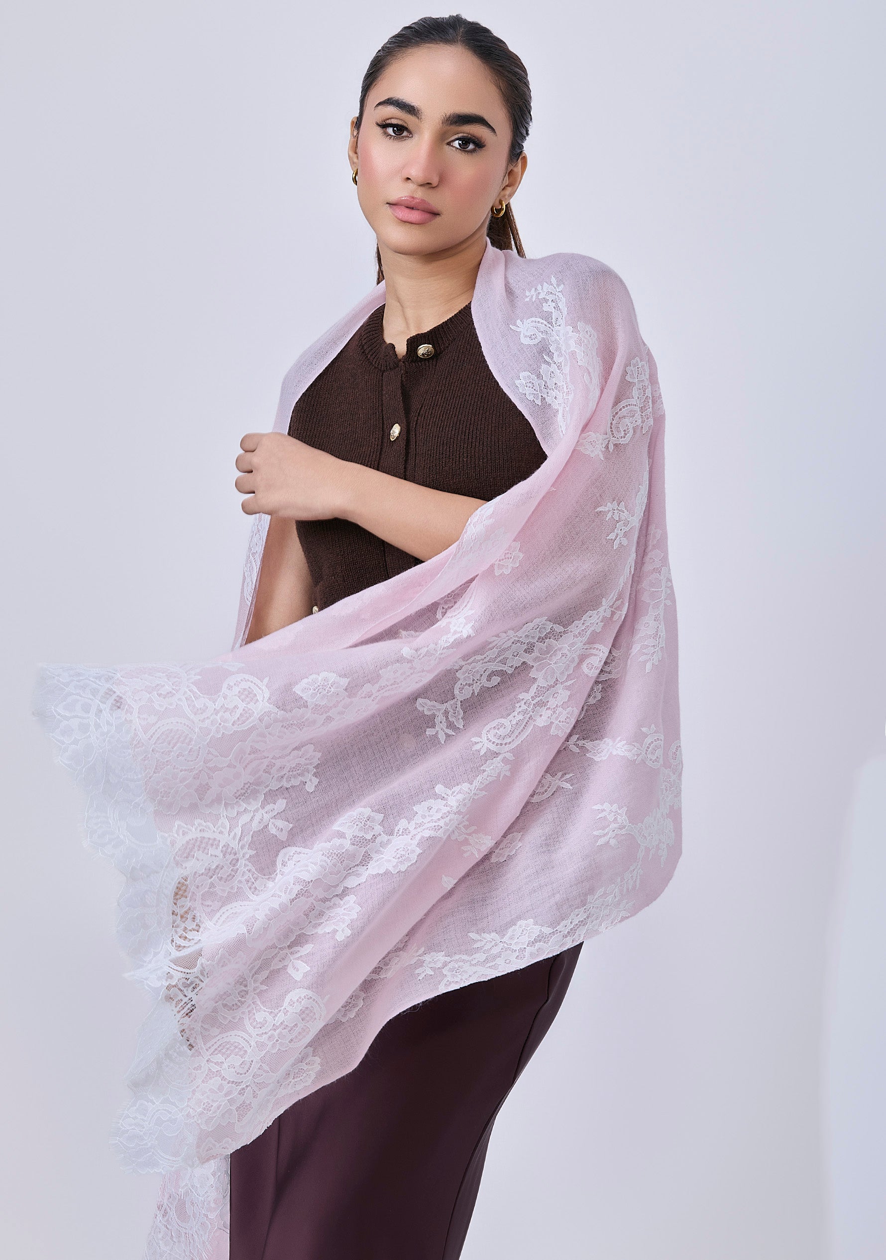 Maneesha Ruia Baby Pink Cashmere Scarf — delicate white filigree lace on luxuriously soft cashmere