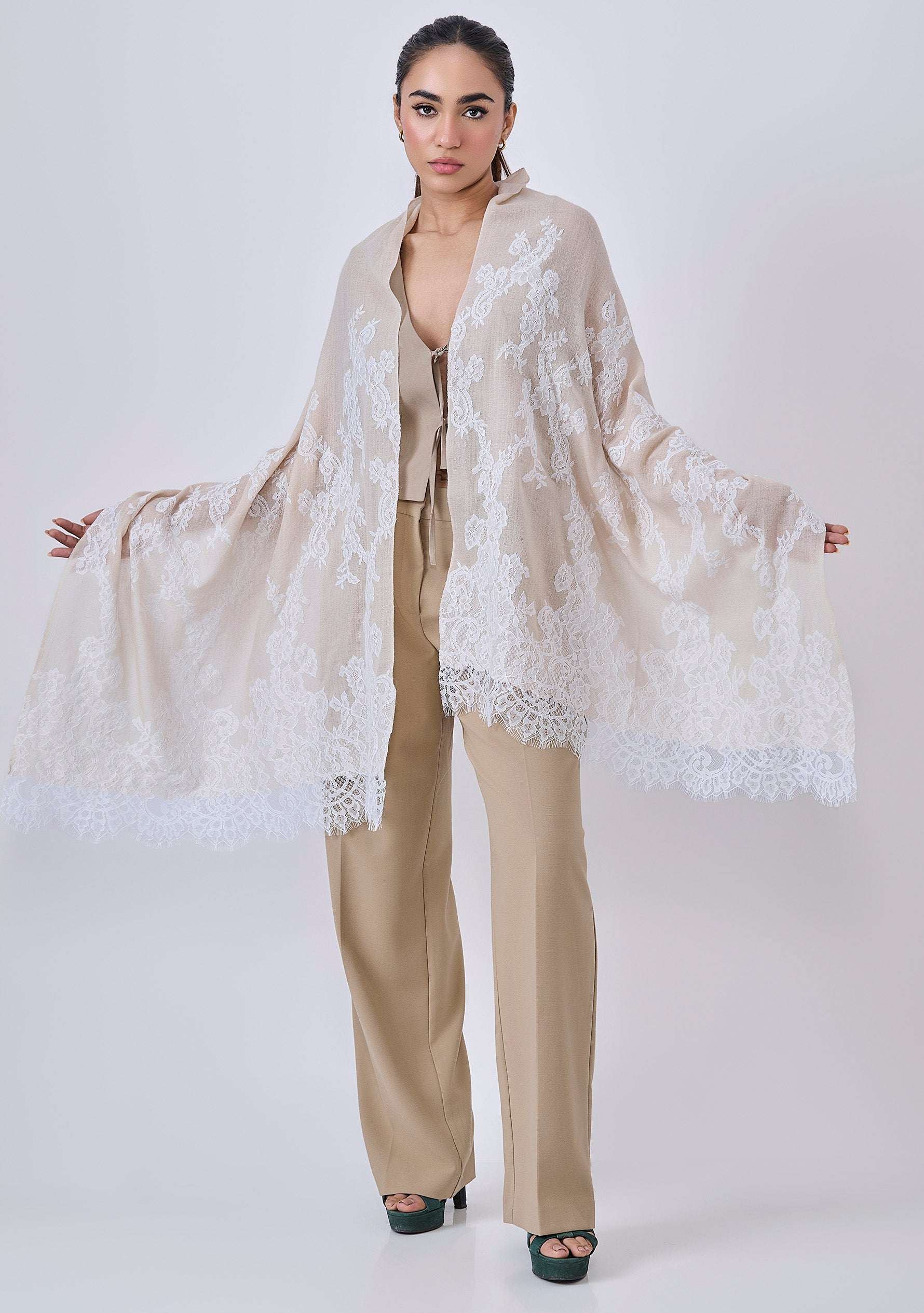 Maneesha Ruia Beige Cashmere Scarf — delicate white filigree lace on luxuriously soft cashmere