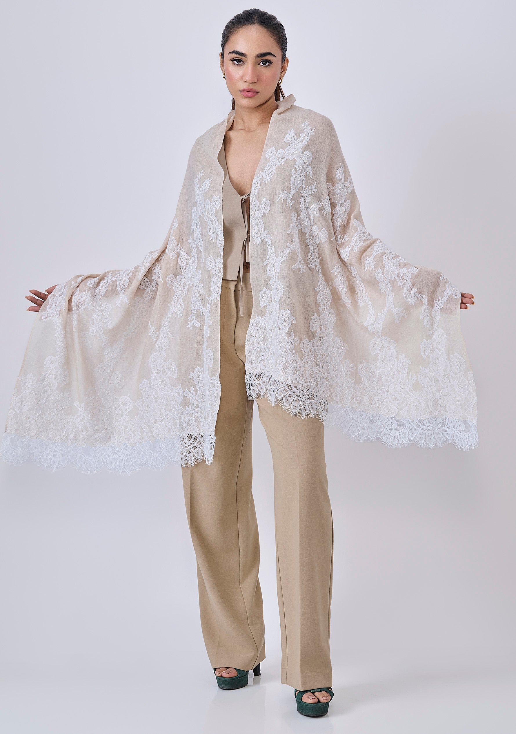 Maneesha Ruia Beige Cashmere Scarf — delicate white filigree lace on luxuriously soft cashmere