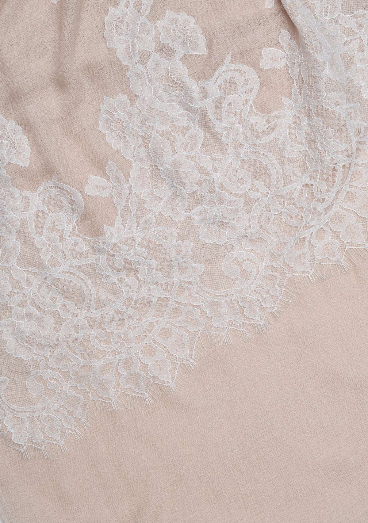 Maneesha Ruia Beige Cashmere Scarf — delicate white filigree lace on luxuriously soft cashmere