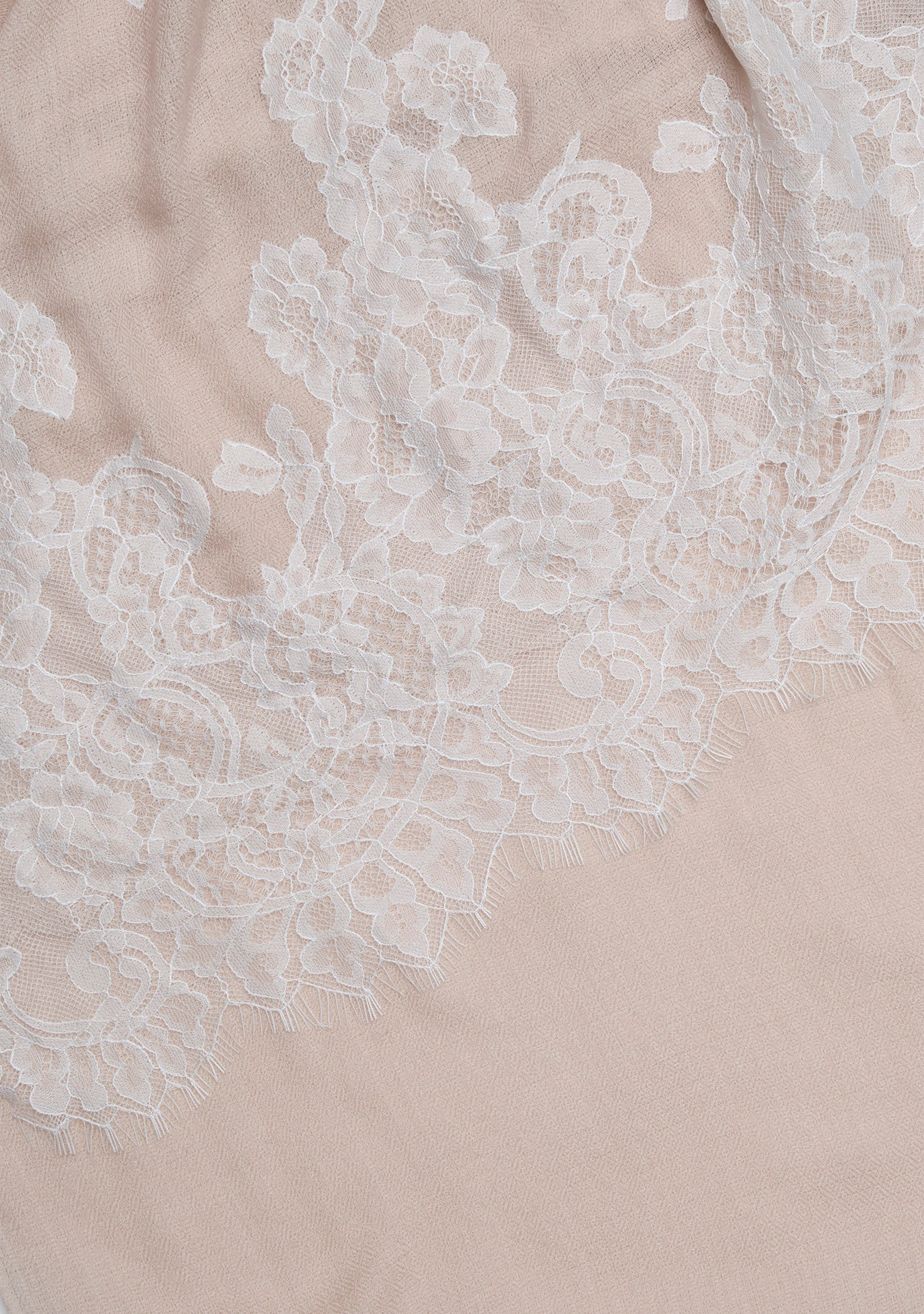 Maneesha Ruia Beige Cashmere Scarf — delicate white filigree lace on luxuriously soft cashmere