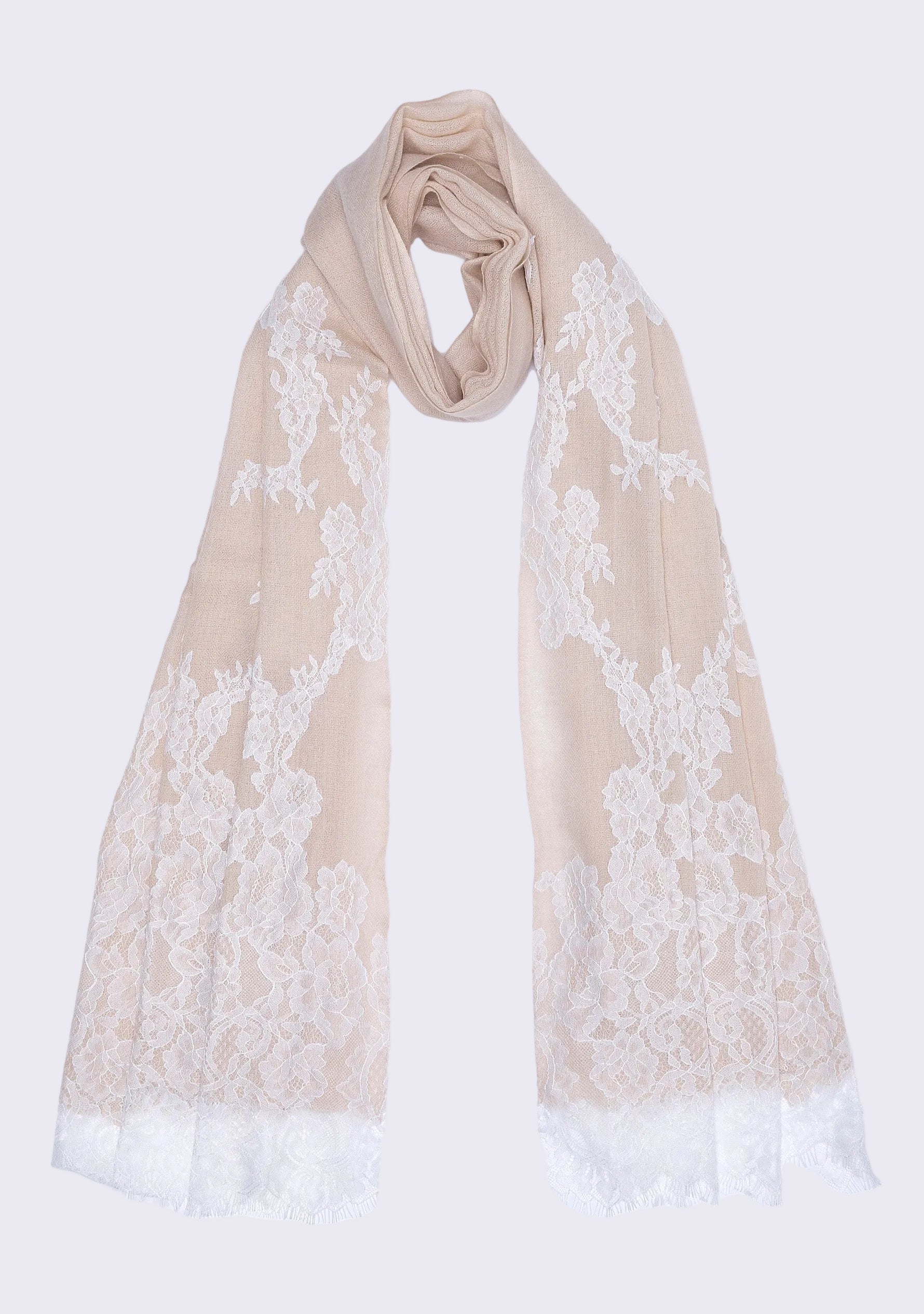 Maneesha Ruia Beige Cashmere Scarf — delicate white filigree lace on luxuriously soft cashmere