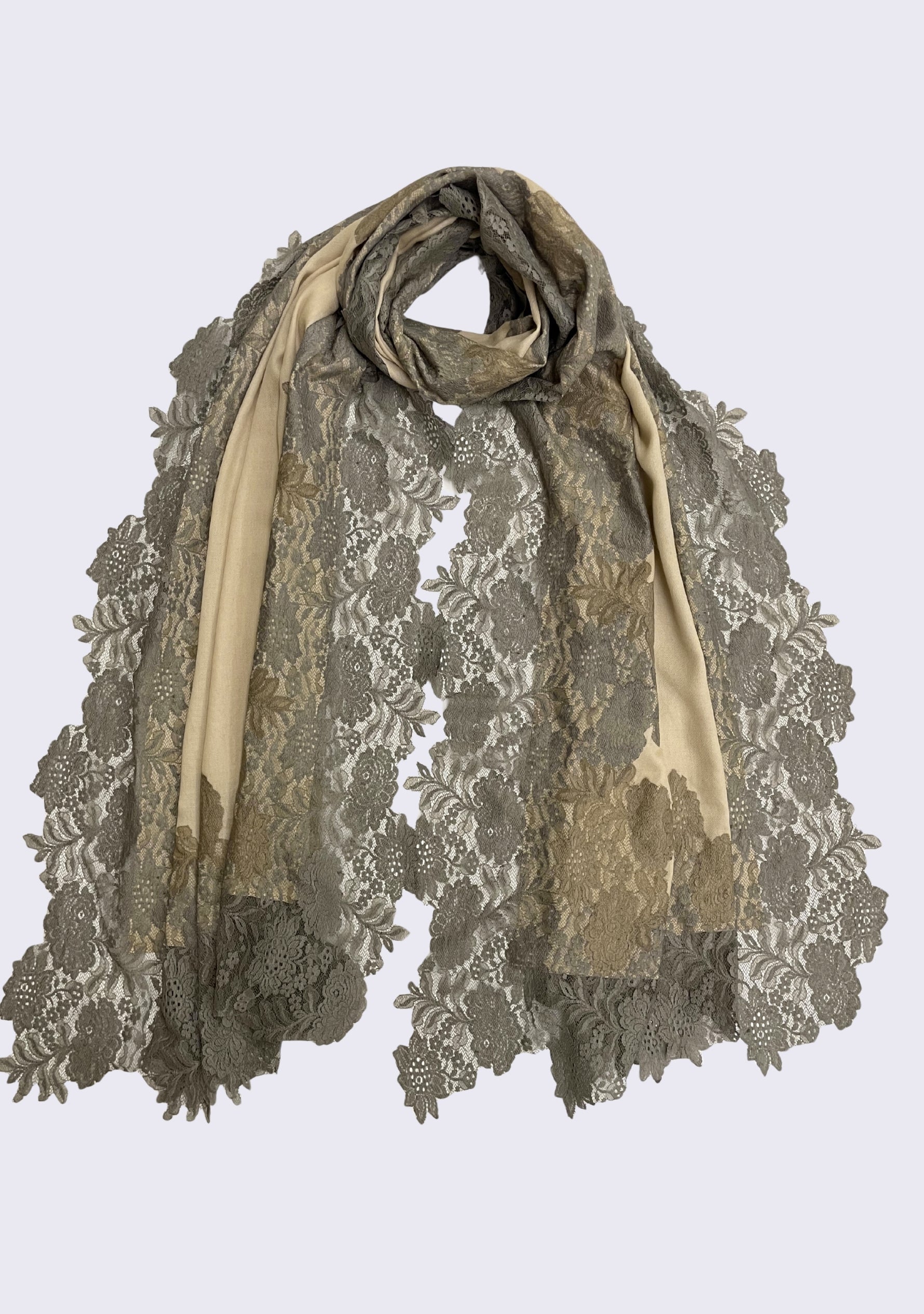 Luxury beige wool and silk scarf with handcrafted mousse and dark beige Chantilly floral lace, elegantly displayed to showcase its lightweight drape, intricate lace craftsmanship, and timeless designer style.