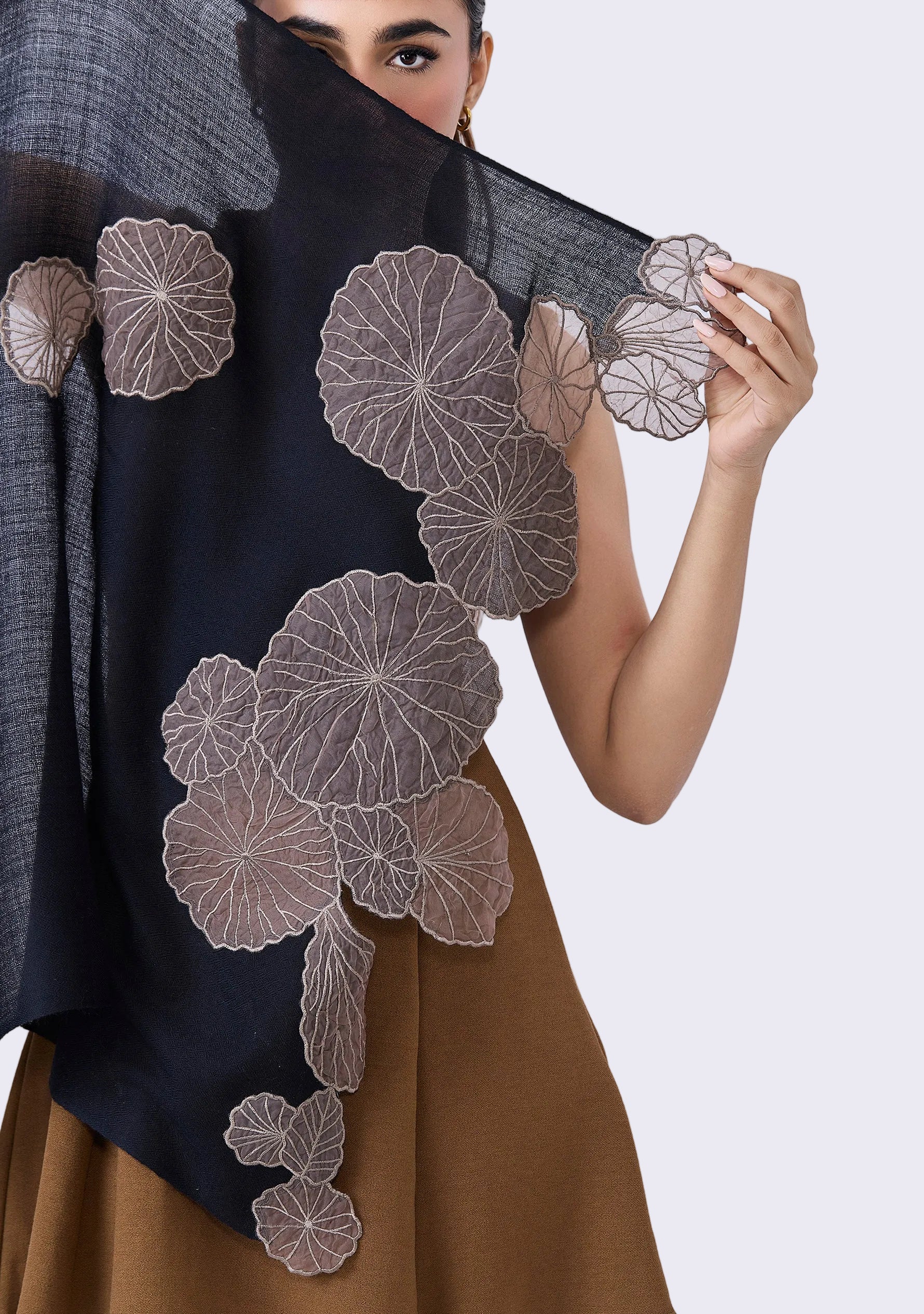 Maneesha Ruia Black Cashmere Scarf — cascading taupe lotus leaf appliqués on luxuriously soft cashmere