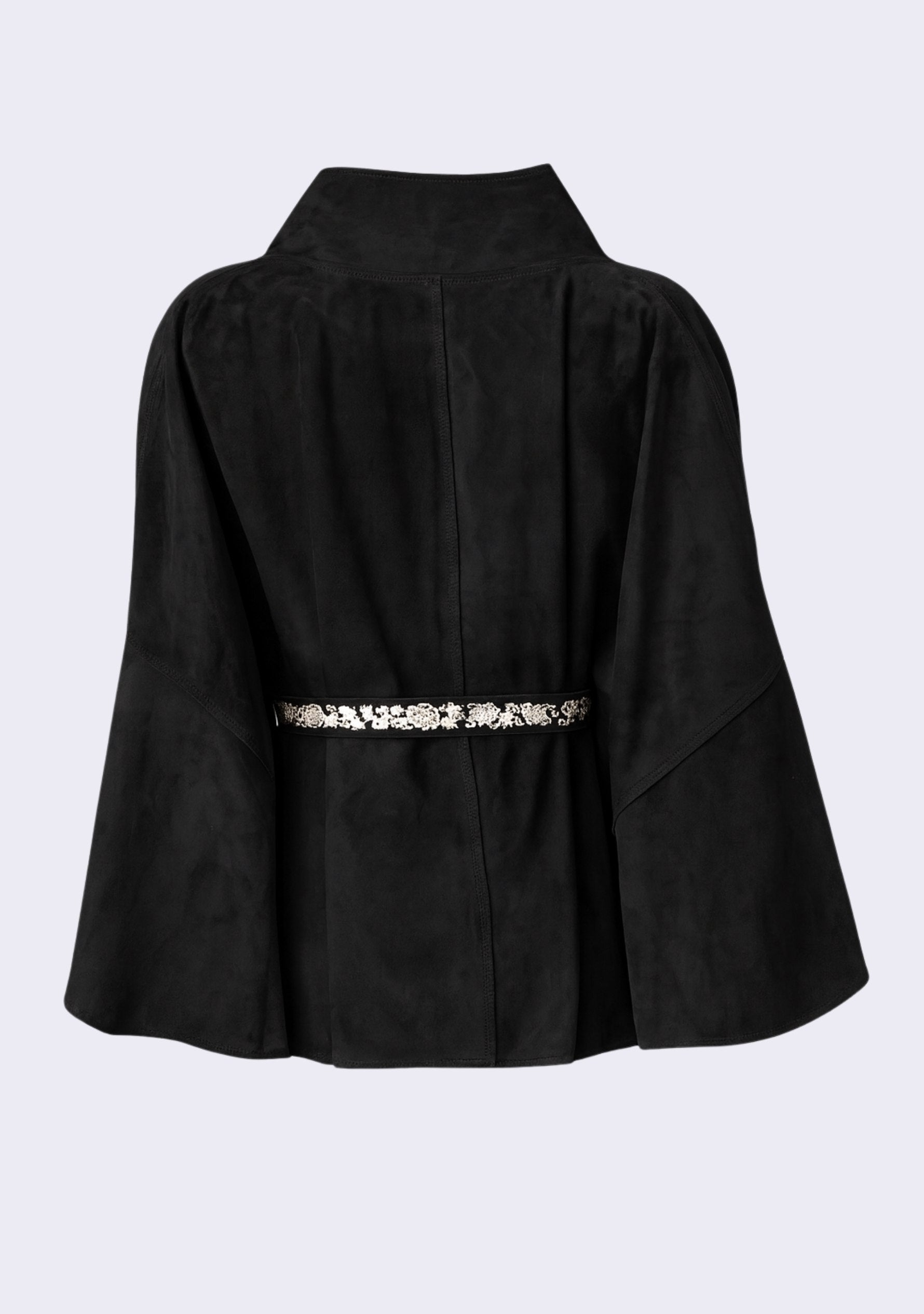 Maneesha Ruia black suede leather jacket with ivory embroidered belt, luxury designer outerwear for women