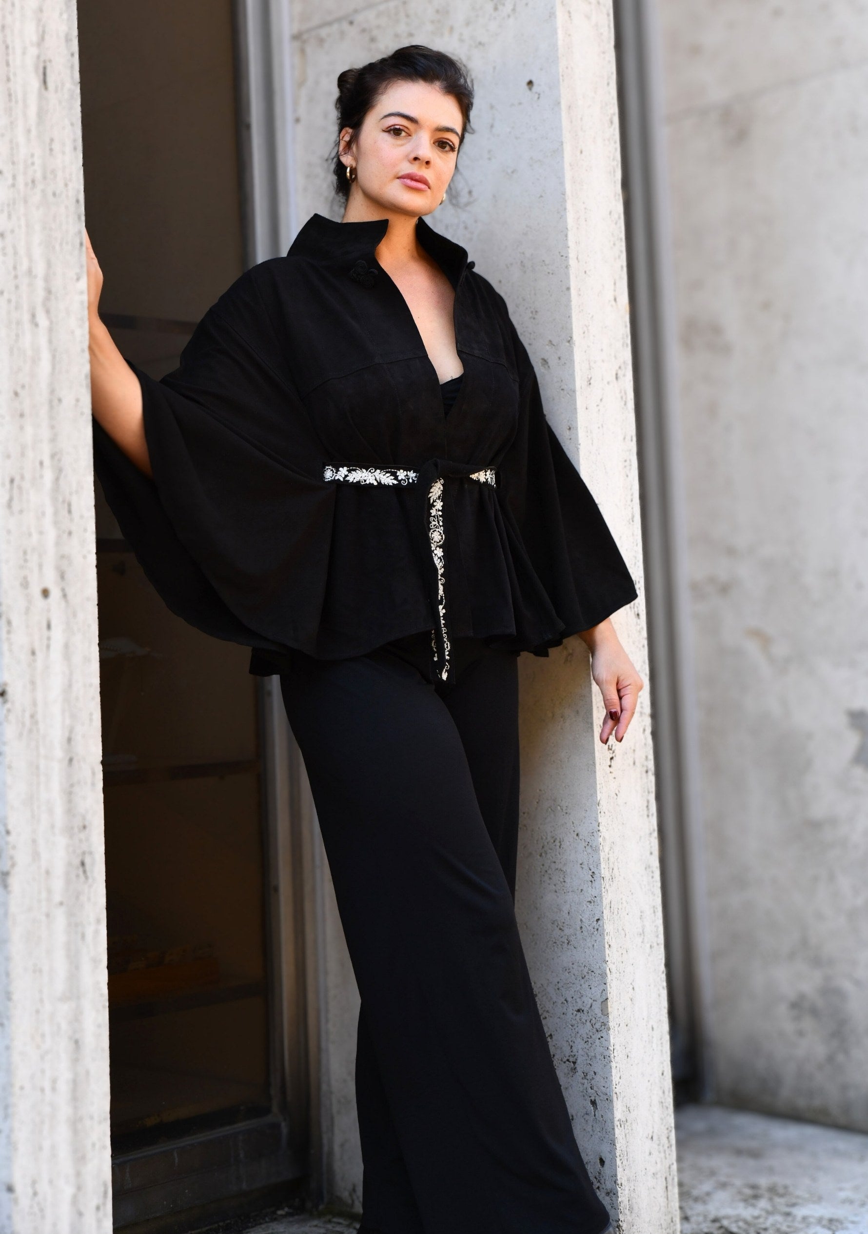 Maneesha Ruia black suede leather jacket with ivory embroidered belt, luxury designer outerwear for women