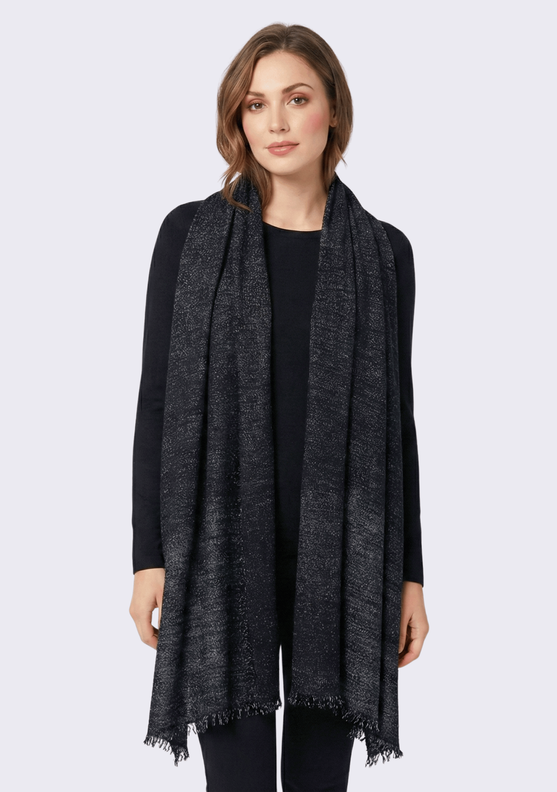 Maneesha Ruia black knitted fine wool cashmere wrap with silver lurex, luxury designer scarf for women