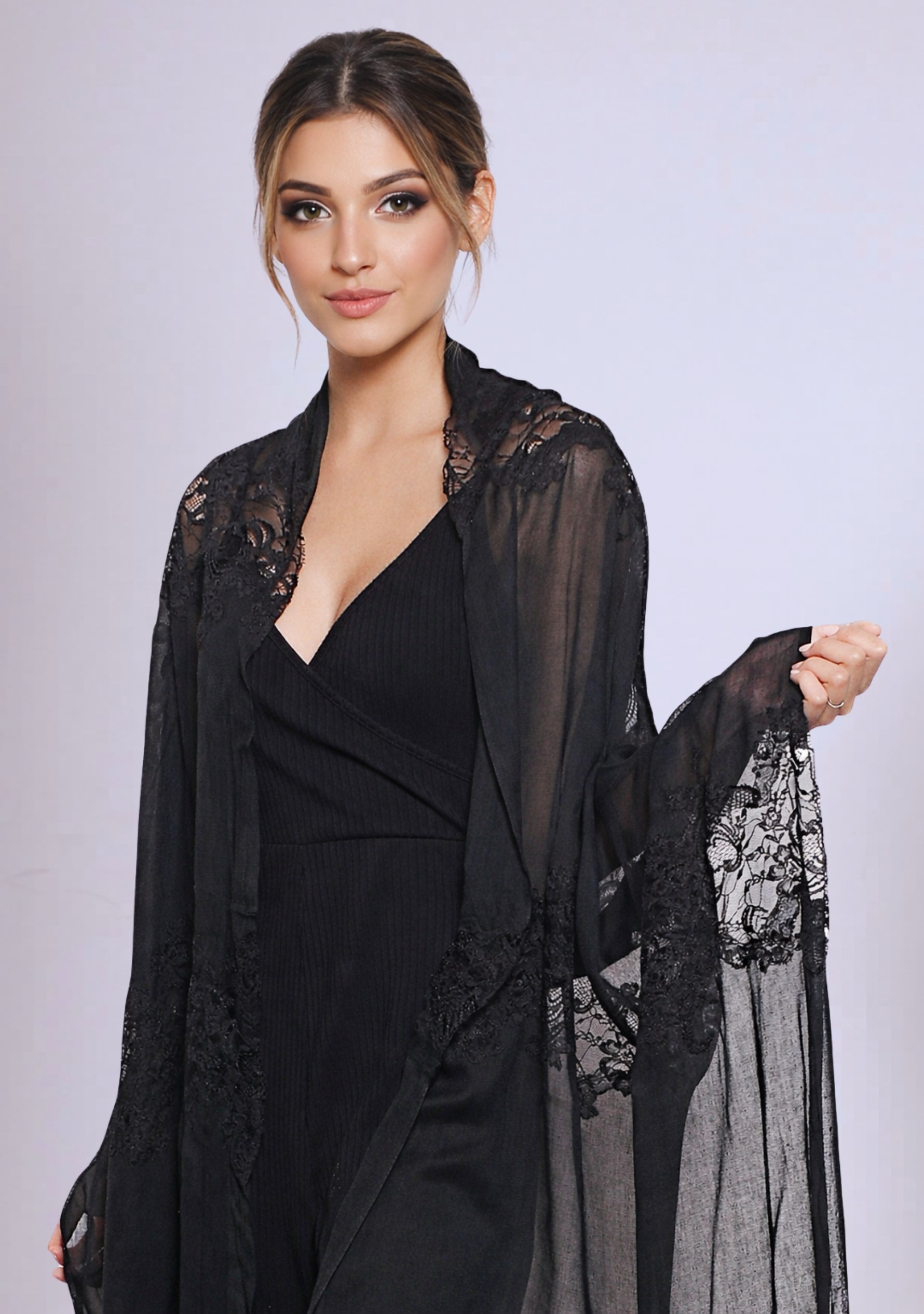 Maneesha Ruia black modal silk scarf with black lace panels, luxury designer scarf for women