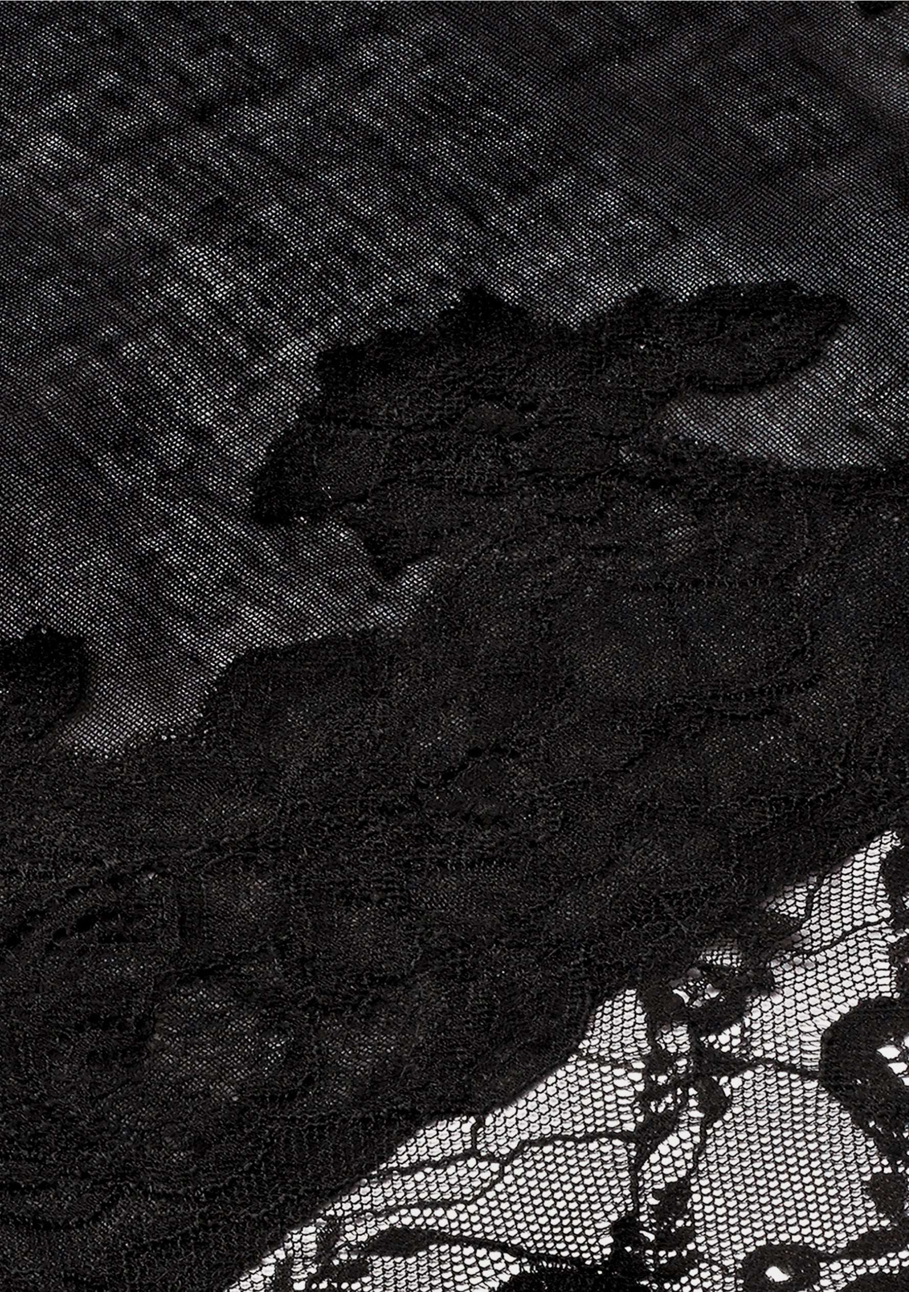 Maneesha Ruia black modal silk scarf with intricate black lace panels, luxury fabric detail