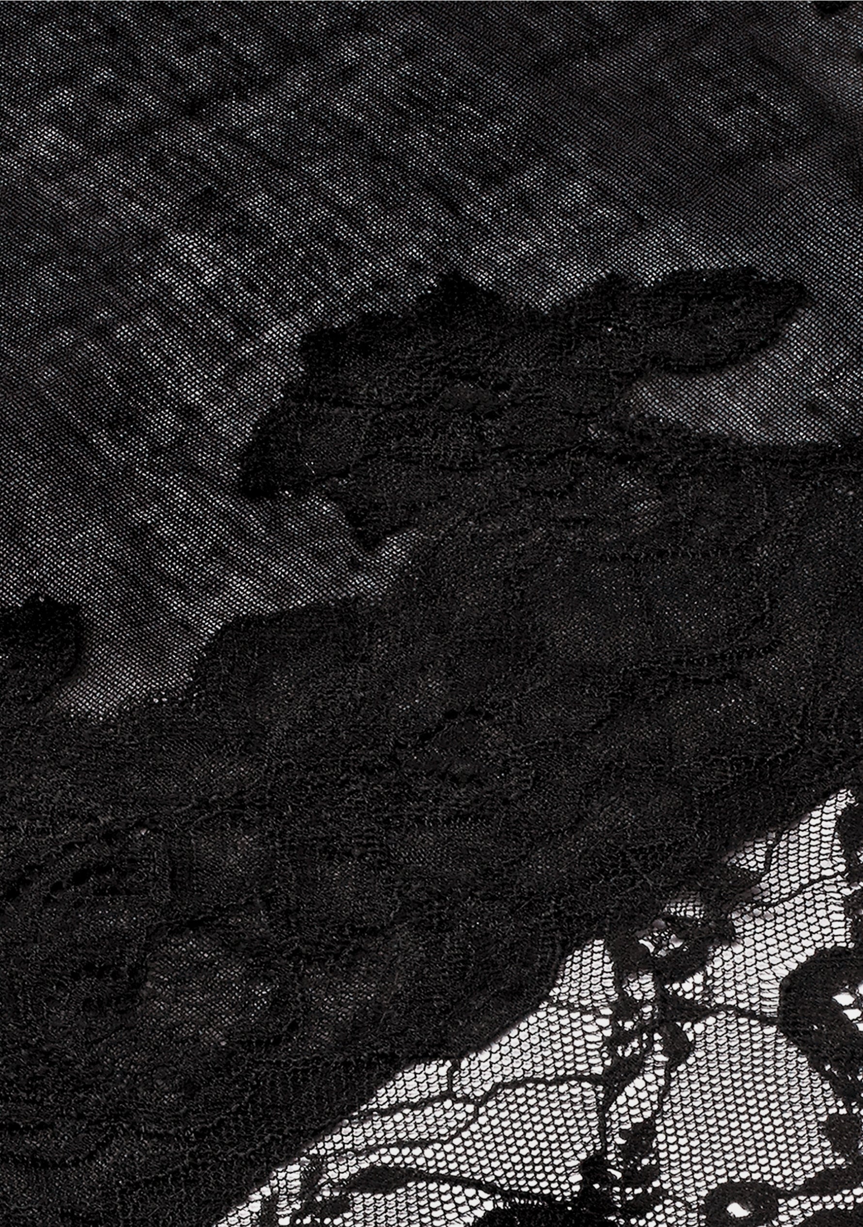 Maneesha Ruia black modal silk scarf with intricate black lace panels, luxury fabric detail