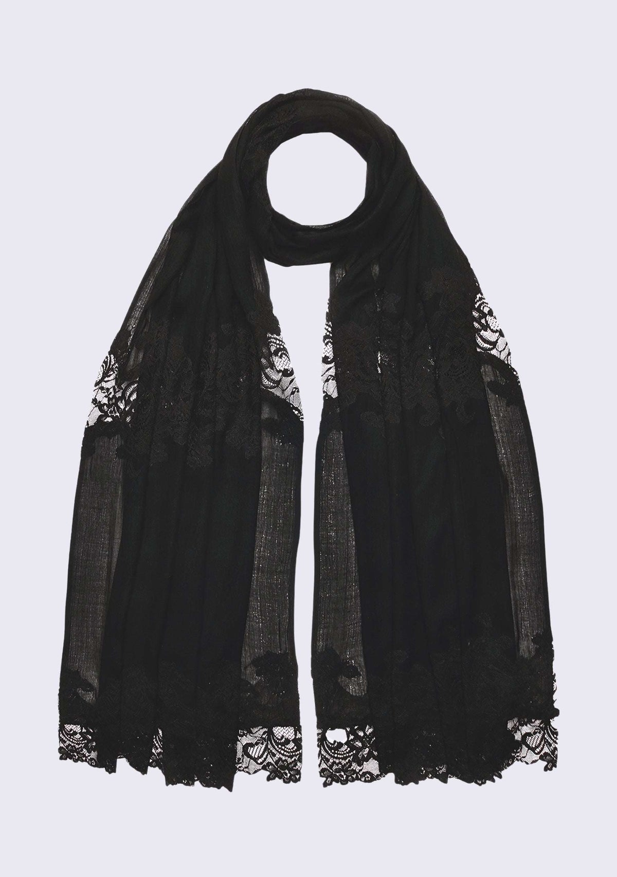 Maneesha Ruia black modal silk scarf with black lace panels, elegant lightweight designer accessory